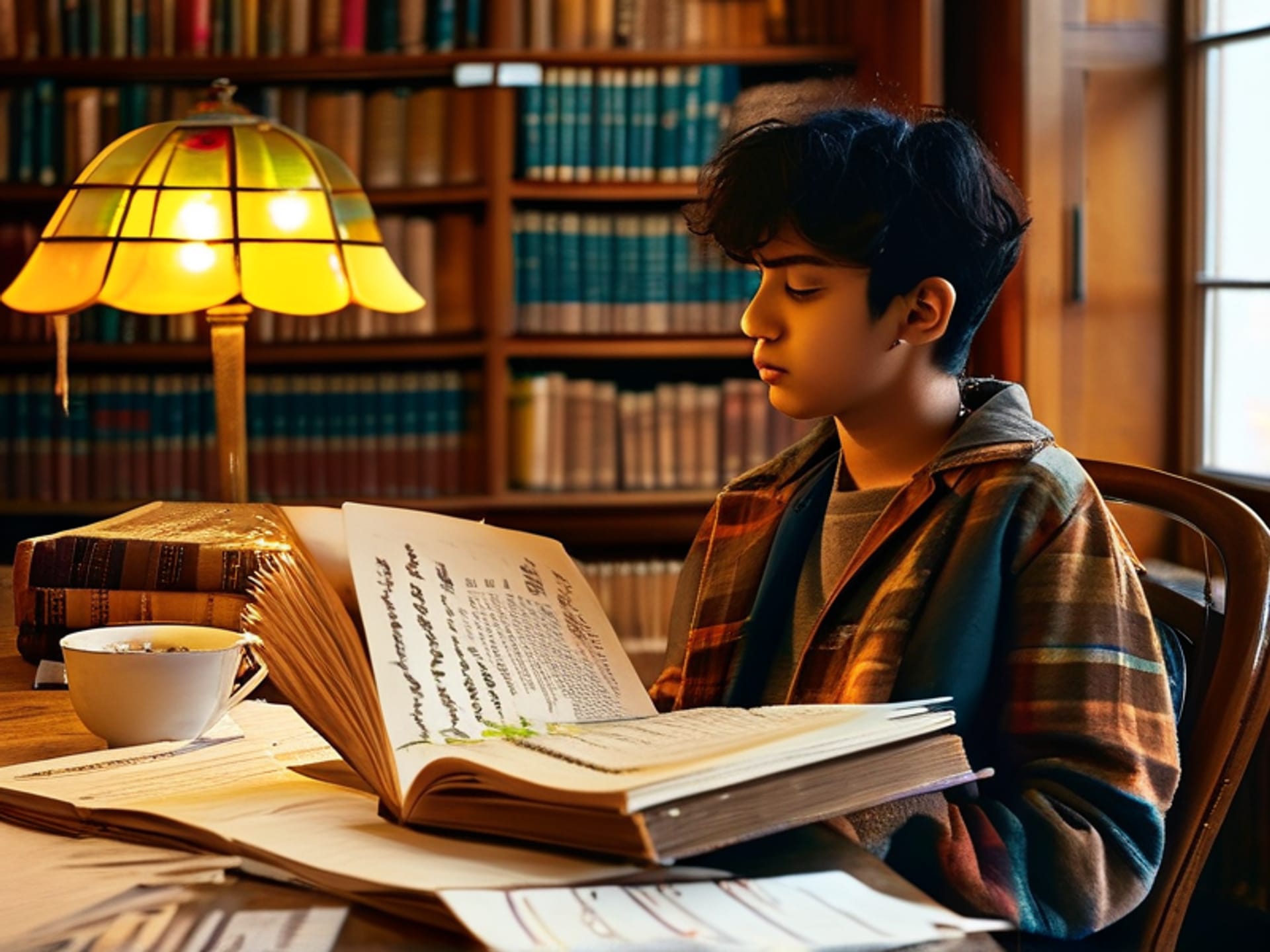 AI image prompt for Stable Diffusion: Analog photo of a well-used library study carrel. A confident young person is casually leaning back in their chair, holding a hefty, impressive-looking textbook with colorful tabs. On the desk in front of them lies a messy, scrawled-on notebook, a steaming mug, and a single sheet of clean, typed notes. Vibe: quiet confidence, natural light from a window, intellectual --ar 16:9