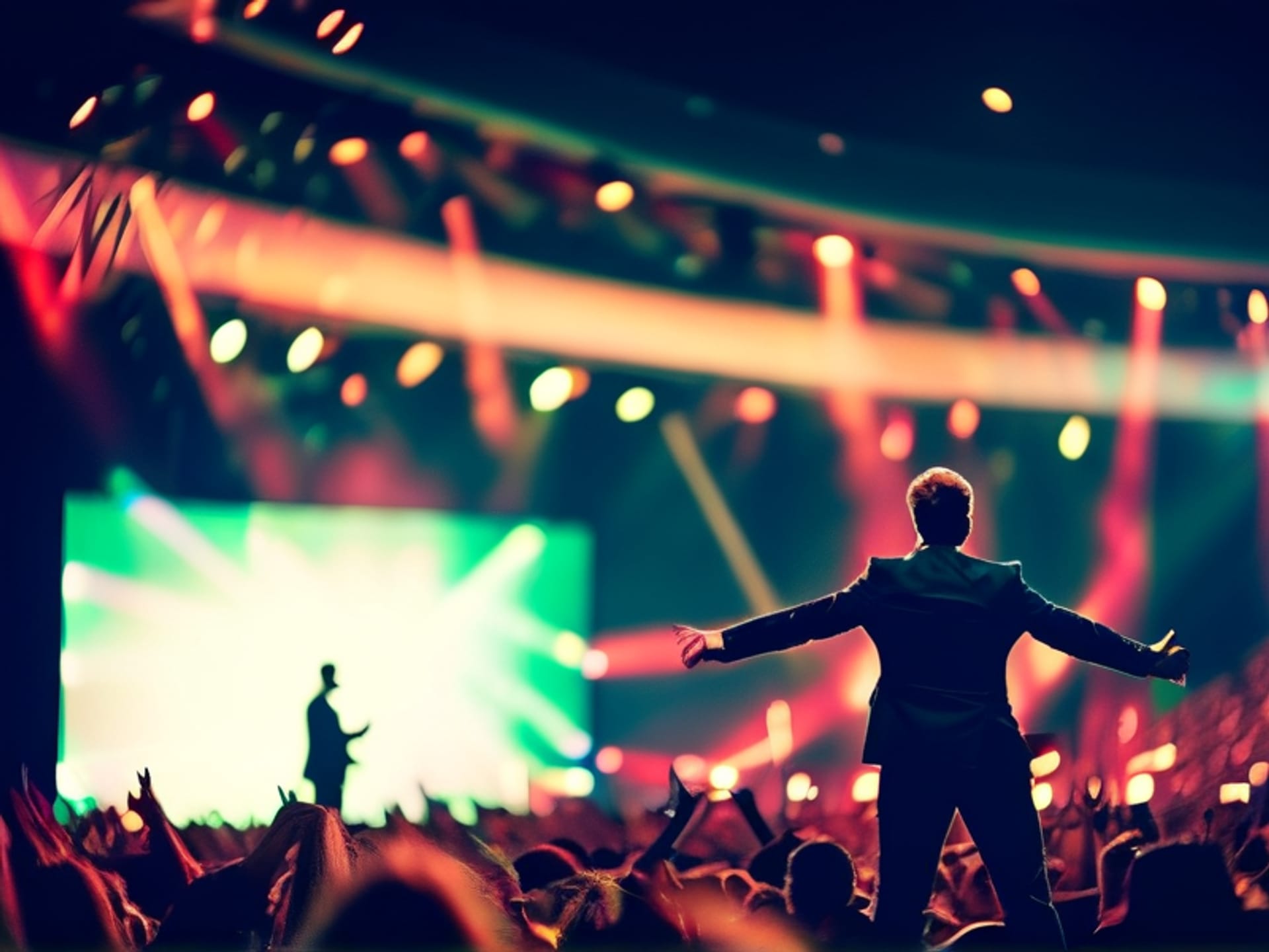 Happy presenter on stage, open body language, relaxed hands by sides, natural gesture. Medium shot, candid moment. Stock photo style, soft focus background. --ar 4:3