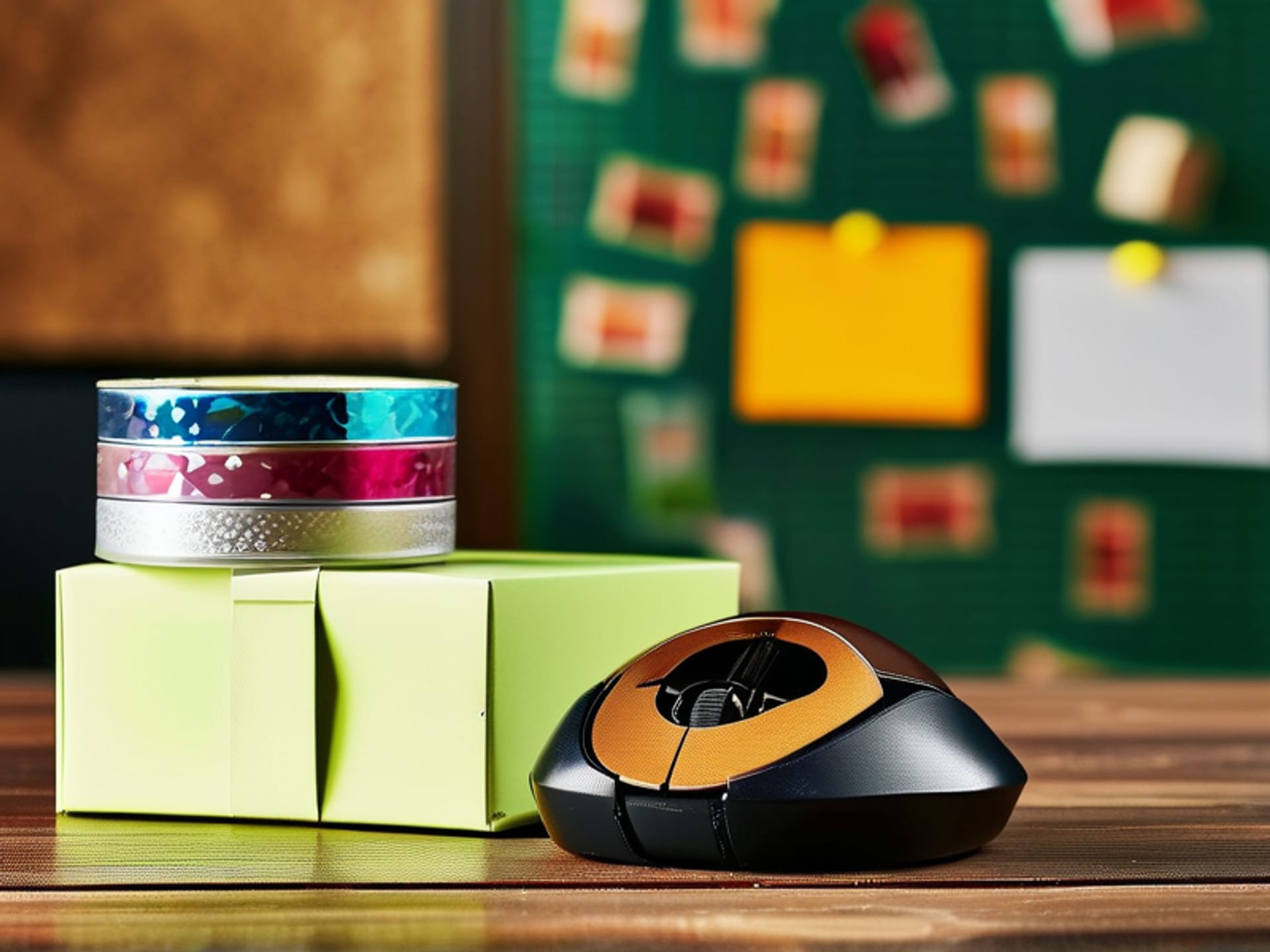 A bright, simple brand logo, product packaging, or label sitting on a real, slightly messy wooden desk, with consumer photos tacked on a corkboard behind it --s 250 --ar 4:3