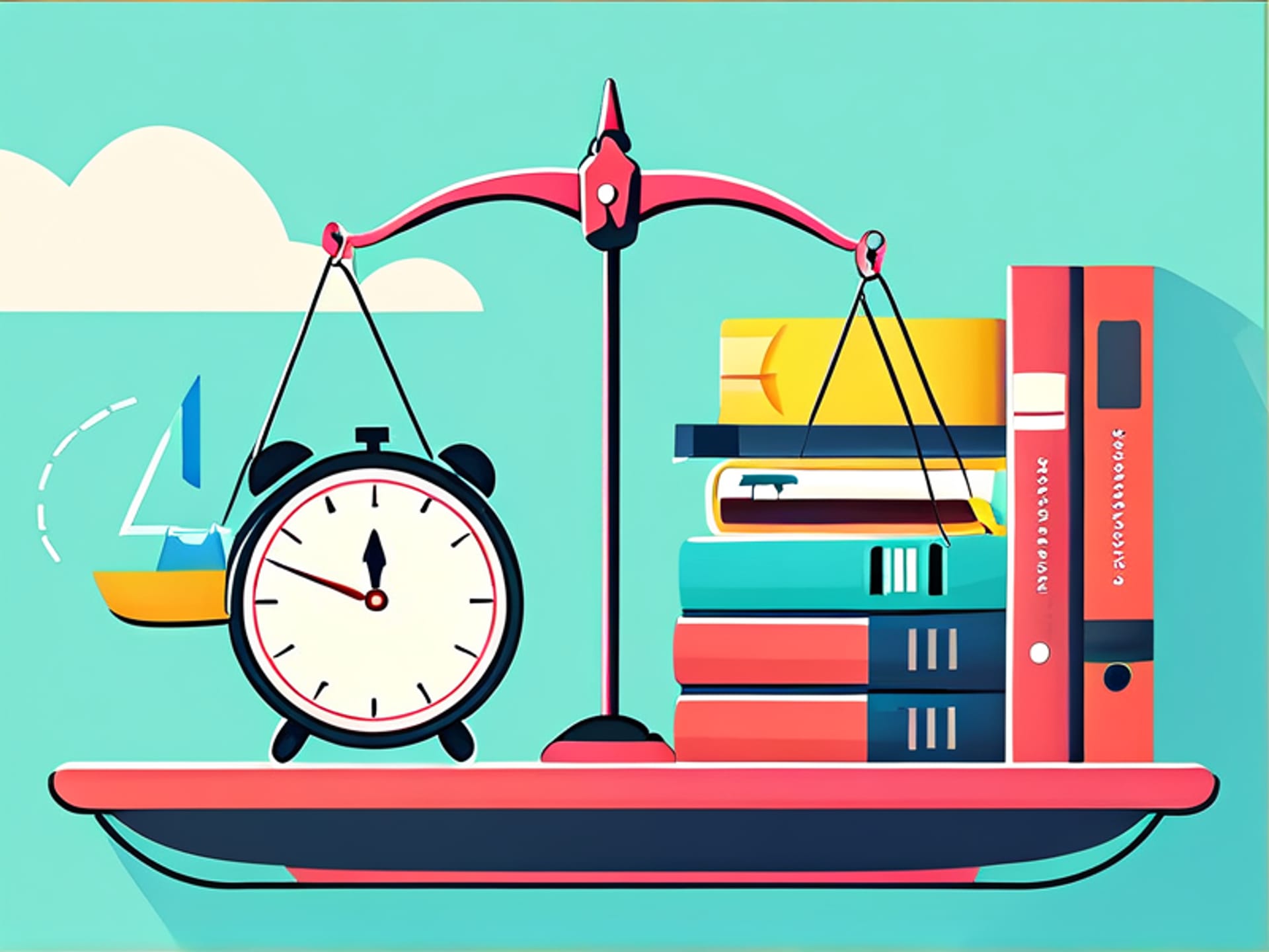 Illustration of a balanced scale. One side has paperwork and a clock, the other has neatly organized folders and a calculator. Clean vector art, minimalist, pastel background, professional yet friendly aesthetic. --ar 16:9