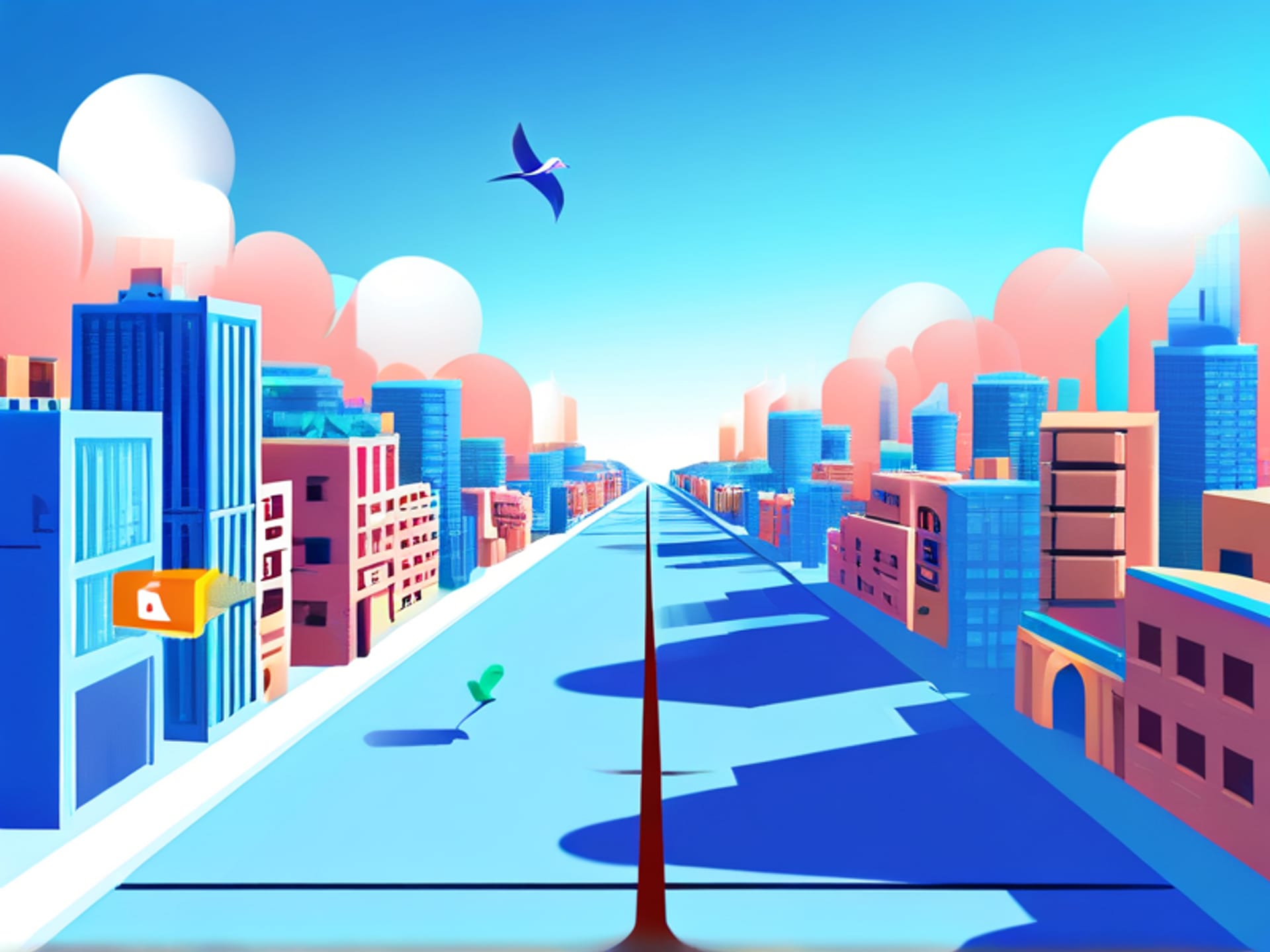 AI image prompt: Isometric 3D illustration. A neat, modular cityscape built from social media icon blocks (Facebook 'f', Instagram camera, Twitter bird). A single, clear path leads through it. Bright, friendly colors, flat design --ar 16:9