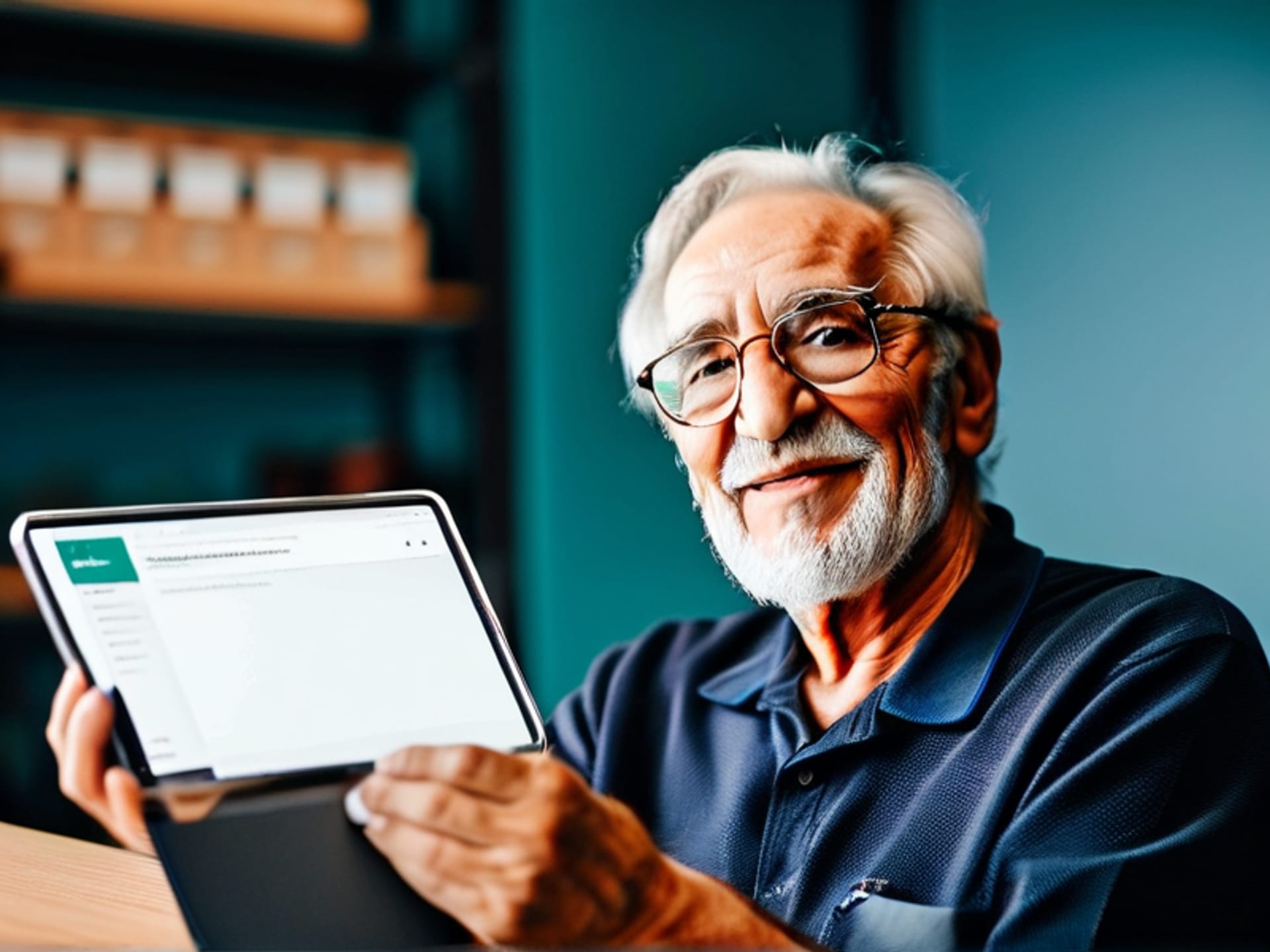 Close-up of a senior man's hands holding a tablet. On the screen, a friendly older instructor demonstrates a simple seated leg lift. Focus on the man's focused, calm expression and the clear on-screen instructions.