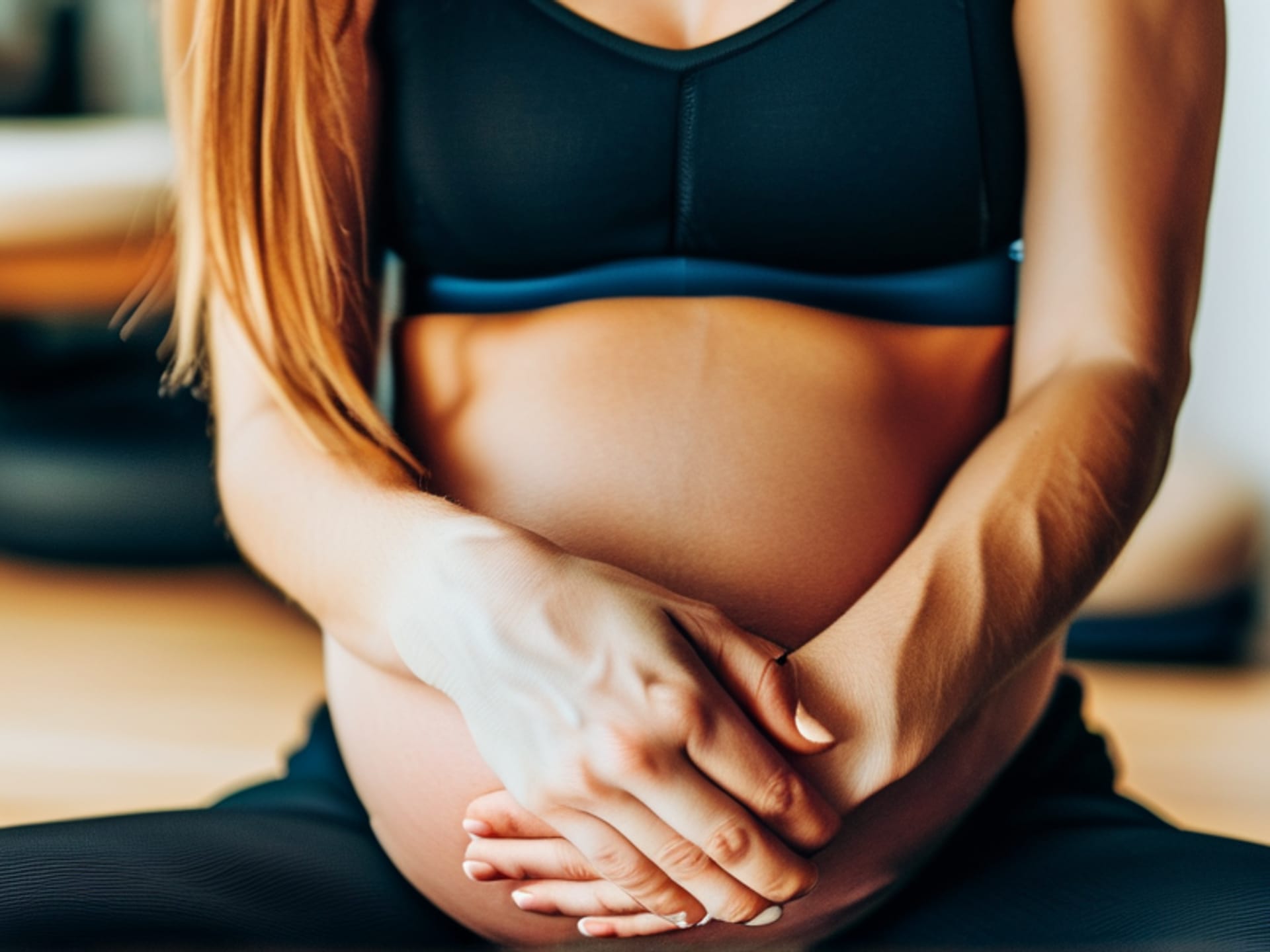Detail shot of a person's abdomen while sitting, hands resting on stomach to show diaphragmatic breathing, neutral tones, documentary style --style raw