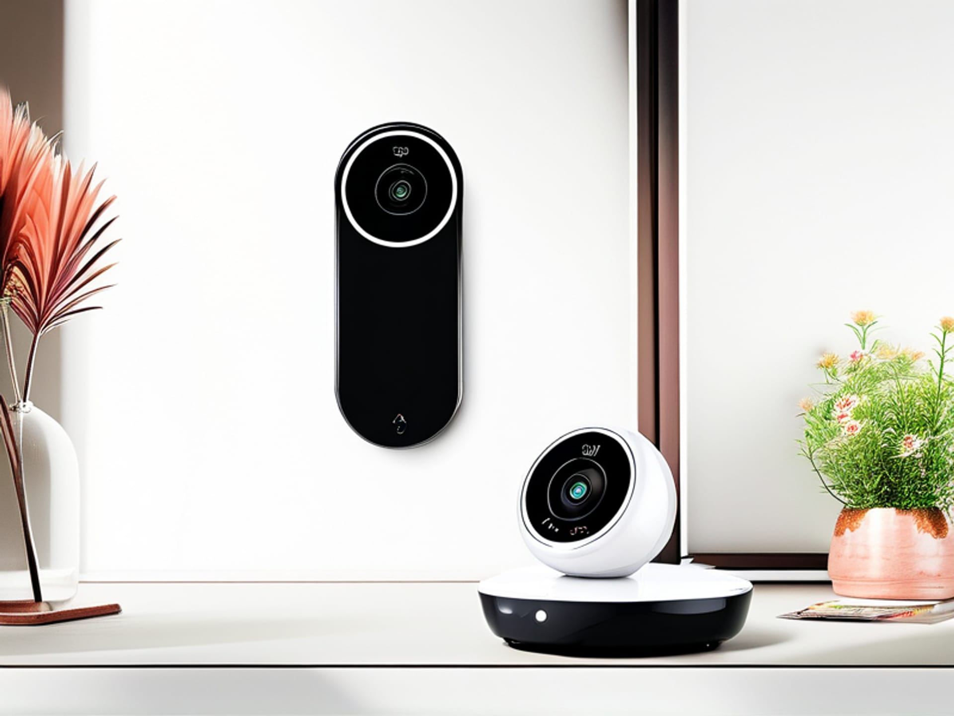 A clean, minimalist photograph on a white background featuring a single, sleek smart doorbell, a basic medical alert pendant, and a stand-alone camera. Sunny, clear lighting, product shot style. --ar 16:9