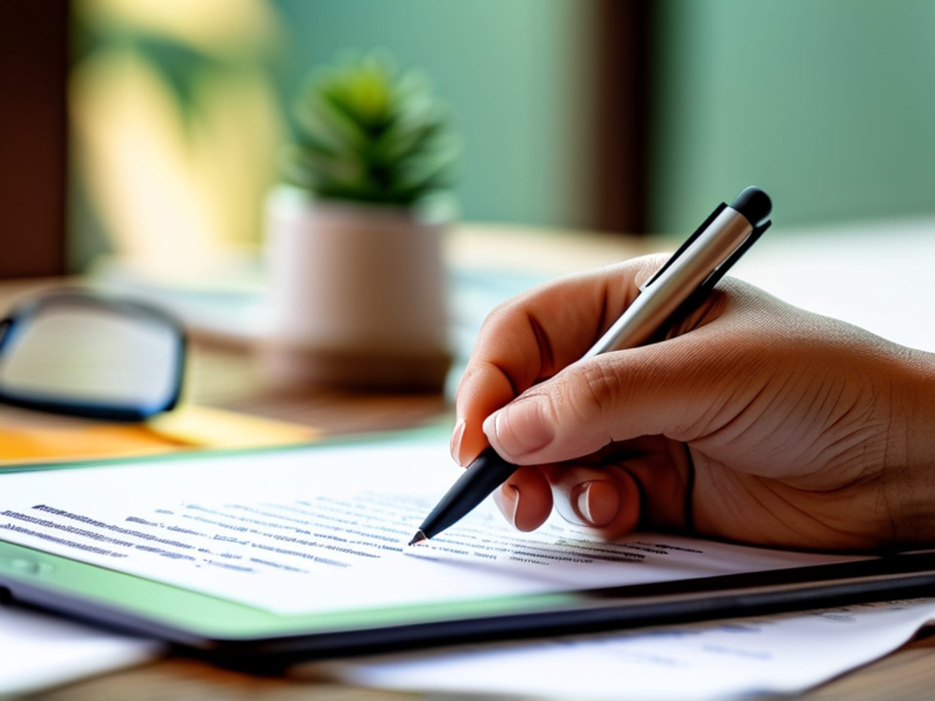 A young designer's hand holding a stylus over a tablet, invoice and contract icons in the background, clean and professional home office, bright natural light, shot on Canon R5, detailed textures