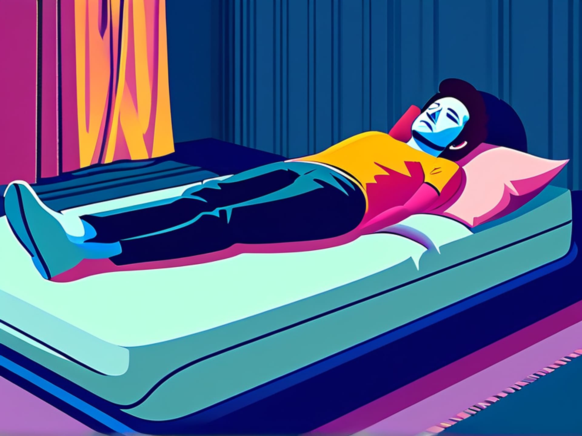 Humorously stylized image of a blue soundwave representing a snore dissolving as a silhouette of a person reclines on an adjustable bed base, cinematic lighting, digital art style with a touch of whimsy