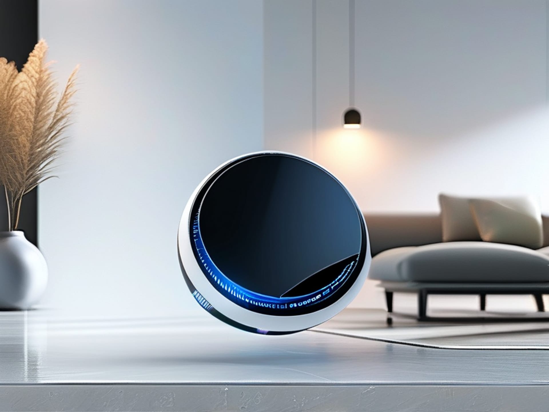 AI Image Prompt: A sleek, modern, disc-shaped motion sensor mounted discreetly on a light-colored hallway wall, near the ceiling. The sensor has a subtle glowing blue LED. The scene is minimal, clean, and unintrusive, focusing on the discreet design of the tech. Photorealistic, studio lighting, sharp focus on device. --ar 16:9