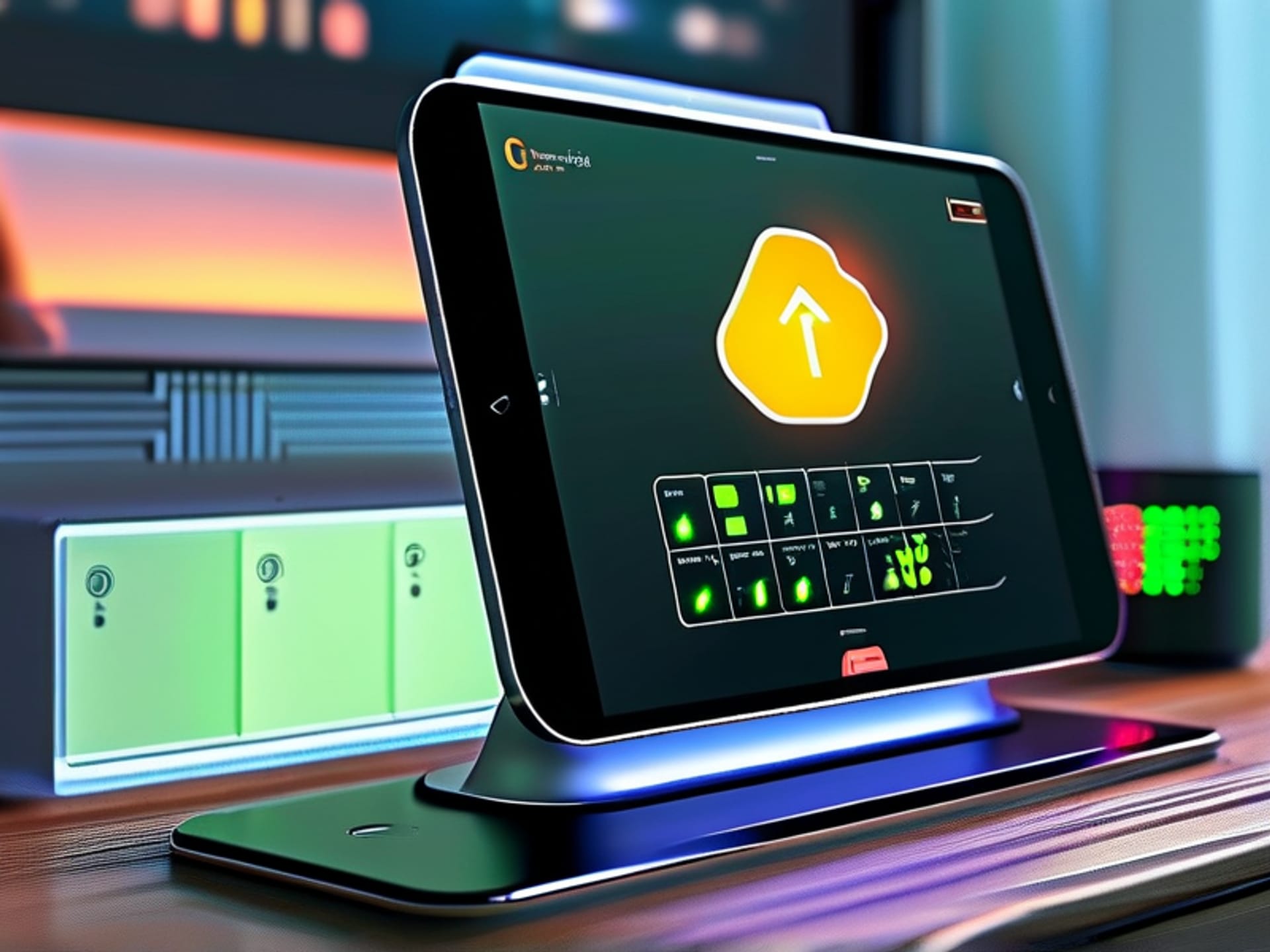 3D render. A modern tablet or smart home hub interface on a nightstand. The screen displays one large, friendly button labeled 'Goodnight'. Below it, a checklist with green checkmarks: 'Front Door Locked', 'Back Door Locked', 'Garage Closed', 'All Lights Off', 'Thermostat Set to 68°'. Clean, high-contrast UI, easy to read. --ar 16:9