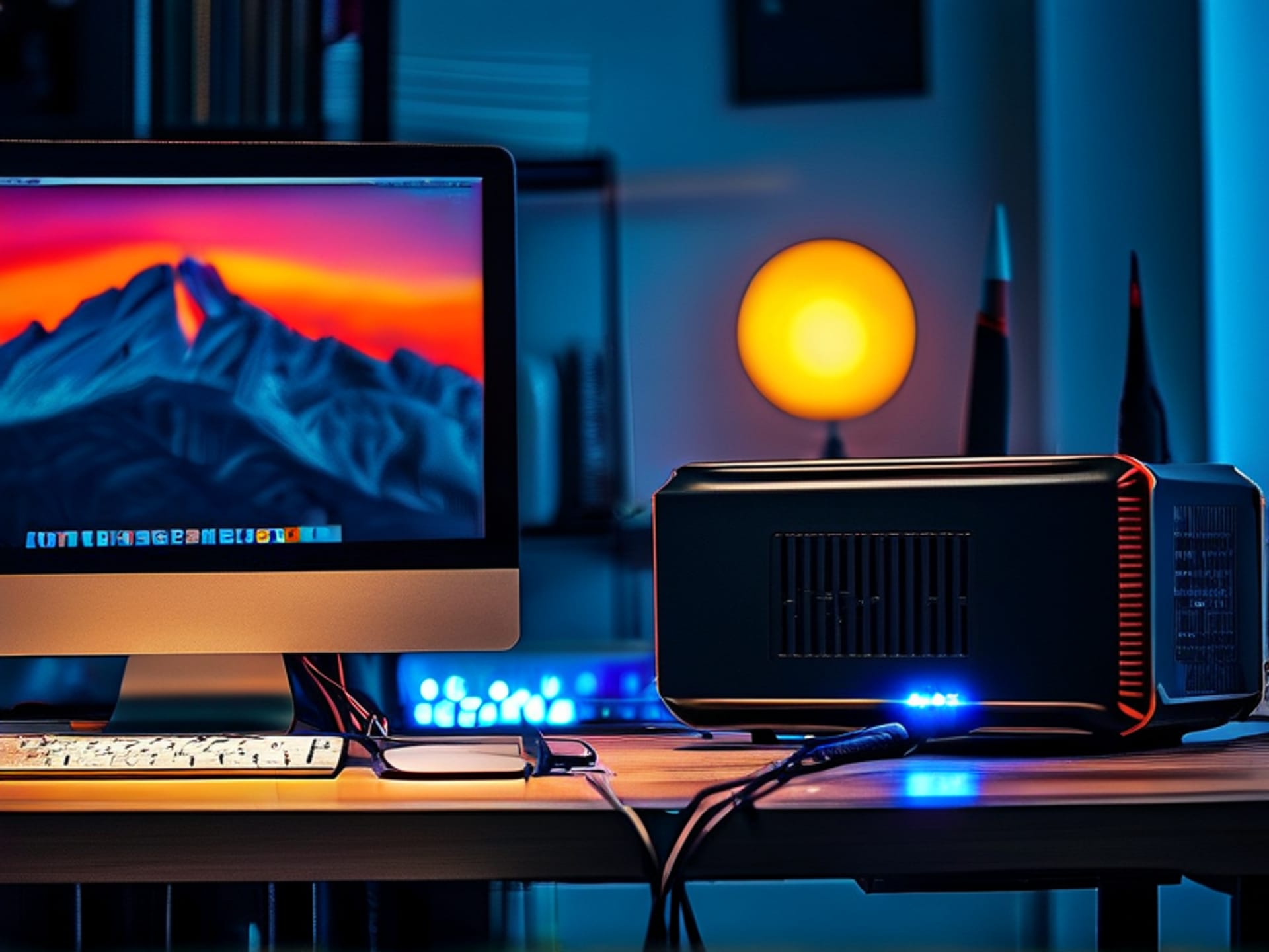 A desktop scene in a home office. An unassuming, sleek black uninterruptible power supply (UPS) sits under a modern wooden desk, with neatly bundled cables. A monitor, Wi-Fi router, and cable modem glow with light, while the rest of the room is dark. Blue LEDs from the UPS cast a soft glow. Clean, aesthetic, tech photo style.