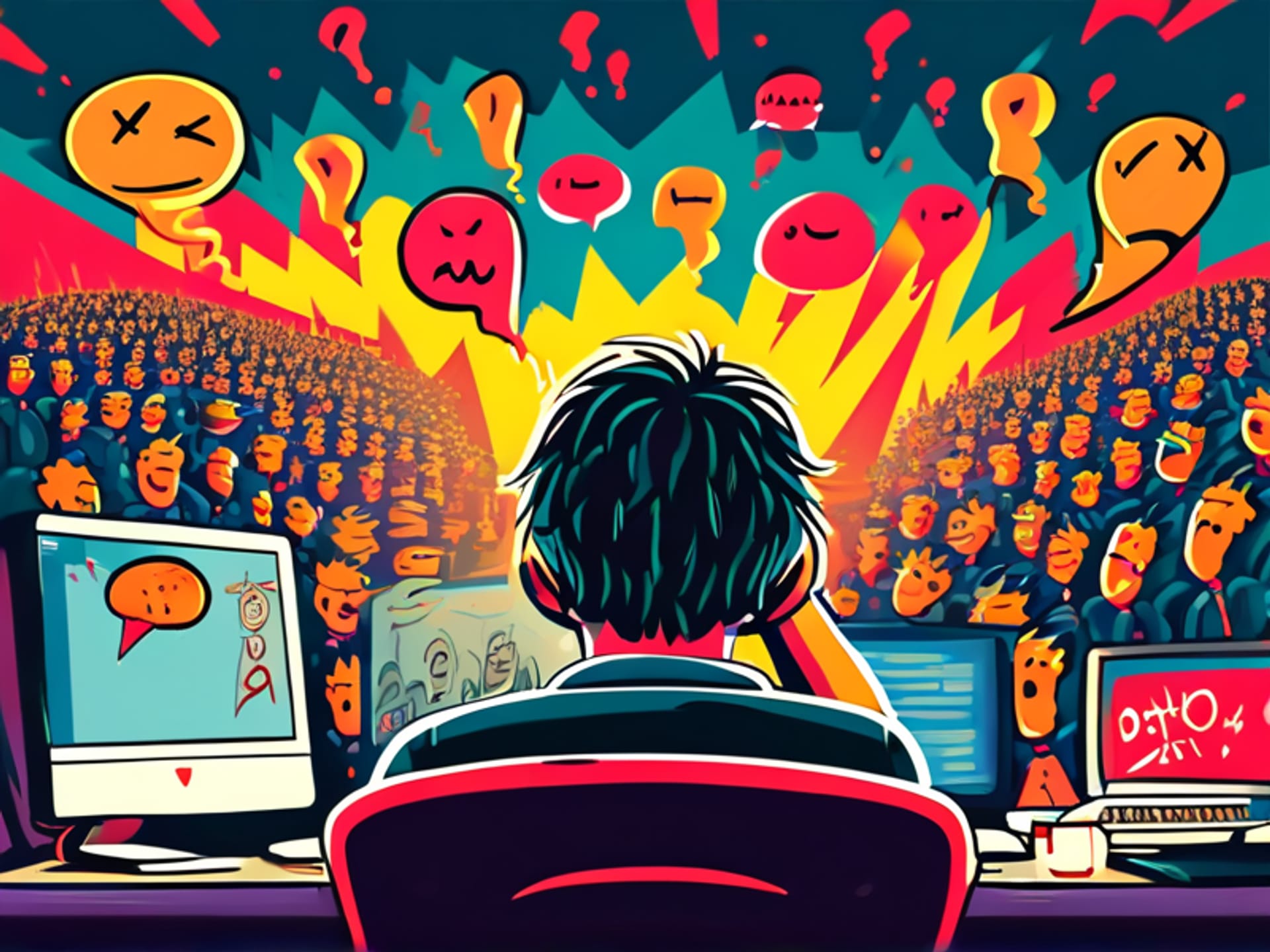 A person sitting at a messy desk, head in hands. Above them, a chaotic, hand-drawn comic-style thought bubble filled with exaggerated catastrophic images: a frowny-face audience, a giant red 'X', a speech bubble that says 'BORING'. Digital art, vibrant but messy.