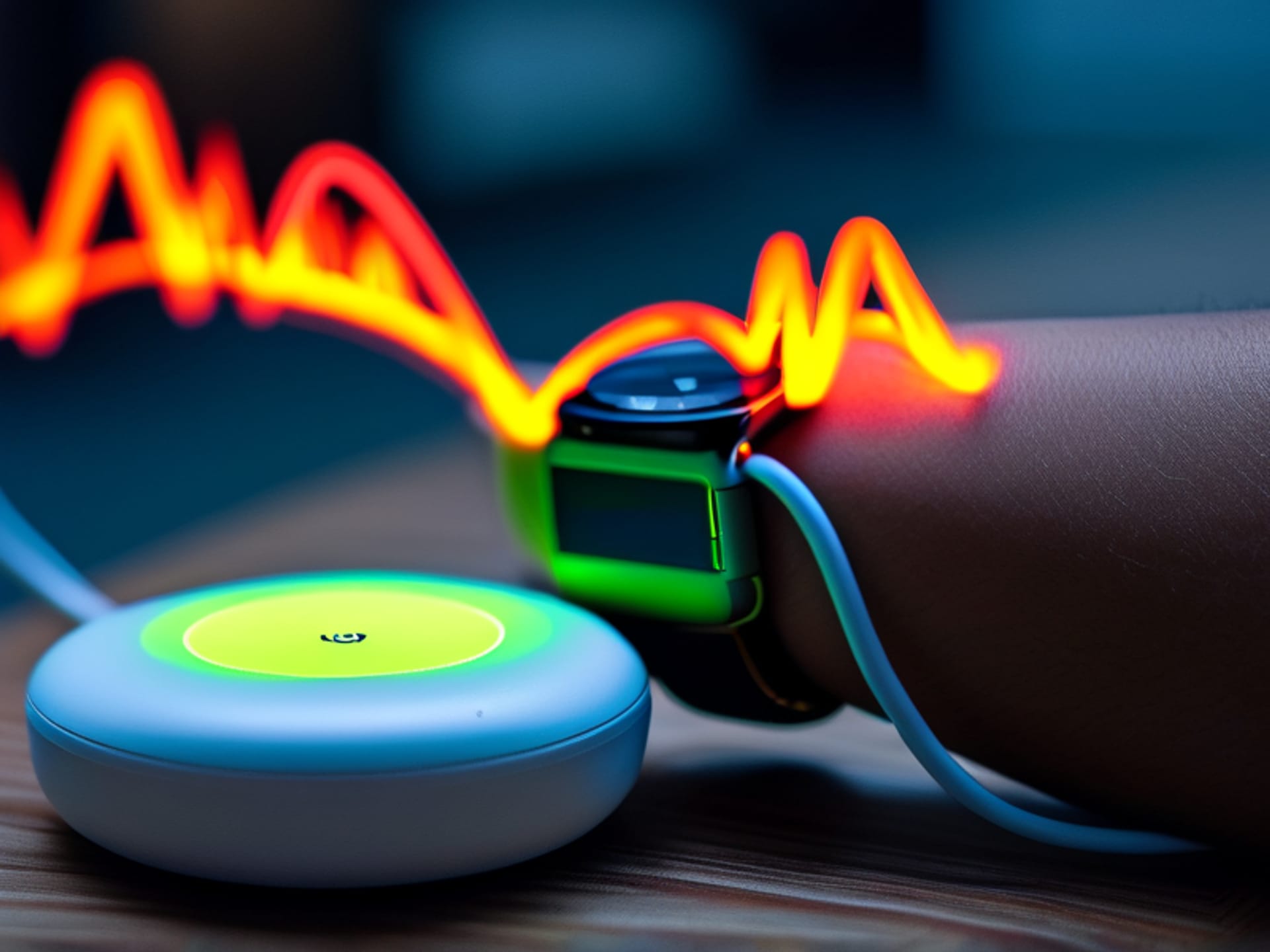 Close-up macro shot of a person's wrist wearing a sleek fitness tracker. From the device, an ethereal, glowing stream of light pulses outward, flowing like a river towards a smart speaker and a thermostat in the soft background. The light is a soft orange-red, representing heart rate data. Shot with a macro lens, sharp focus on the tracker, bokeh background.