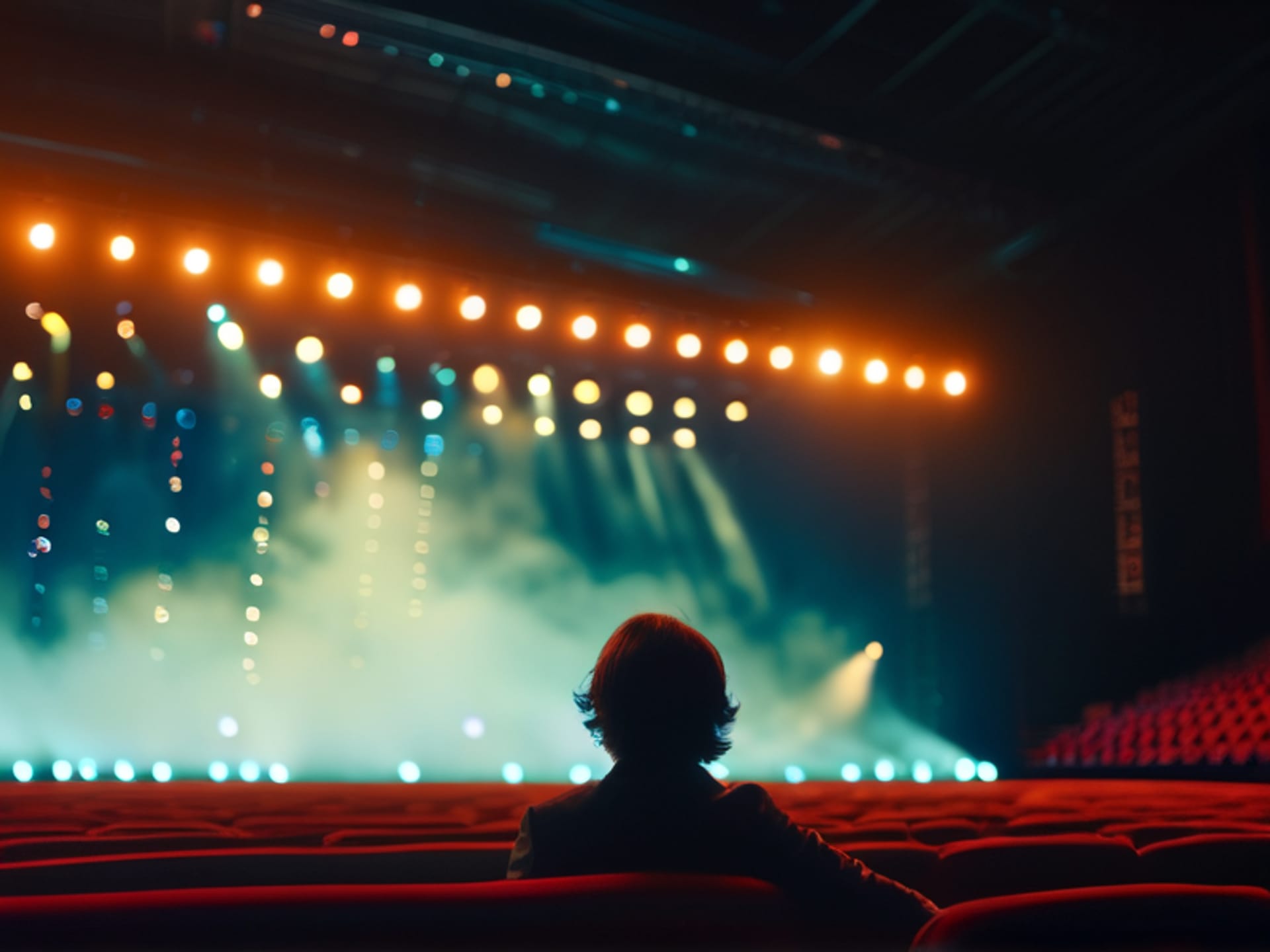 Hyperrealistic cinematic shot from a low angle, a single person on a stage reaching a hand out towards the viewer, a beam of light cutting through dark theater smoke, intense eye contact