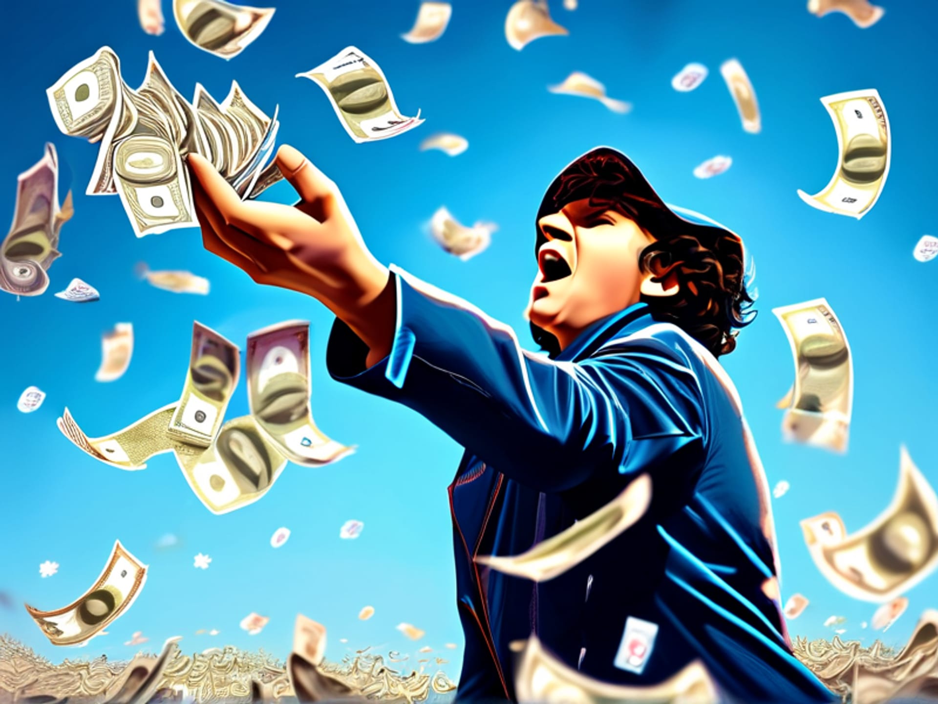 Midjourney prompt: Visual metaphor, a person frantically throwing single dollar bills into a strong wind, money scattering everywhere uselessly. Shot from a low angle, dramatic motion blur on the bills, bright blue sky. Photorealistic. –ar 16:9