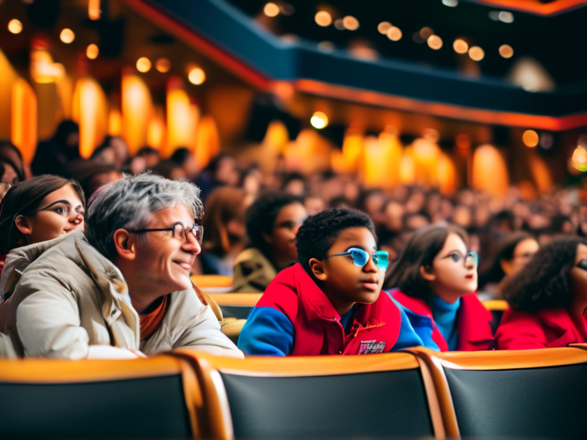 Midjourney prompt: A diverse crowd in a lecture hall, all leaning forward slightly, eyes wide with curiosity. Shot from the stage, shallow depth of field, candid moment, vibrant colors.