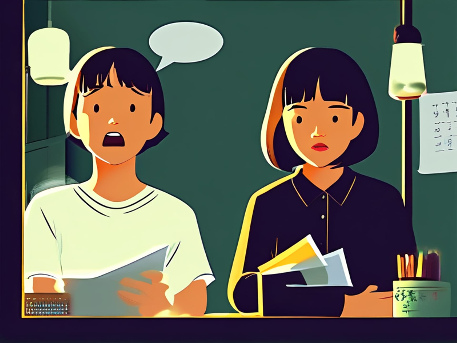 Midjourney/SD Prompt: A split-screen image. Left side: a person looking panicked, blank thought bubble above head. Right side: the same person calmly looking at simple cue cards on their hand. Concept: mental blank vs a simple fix. Style: Minimalist, flat illustration, clear problem/solution contrast, soft colors. --ar 16:9 --v 6.0