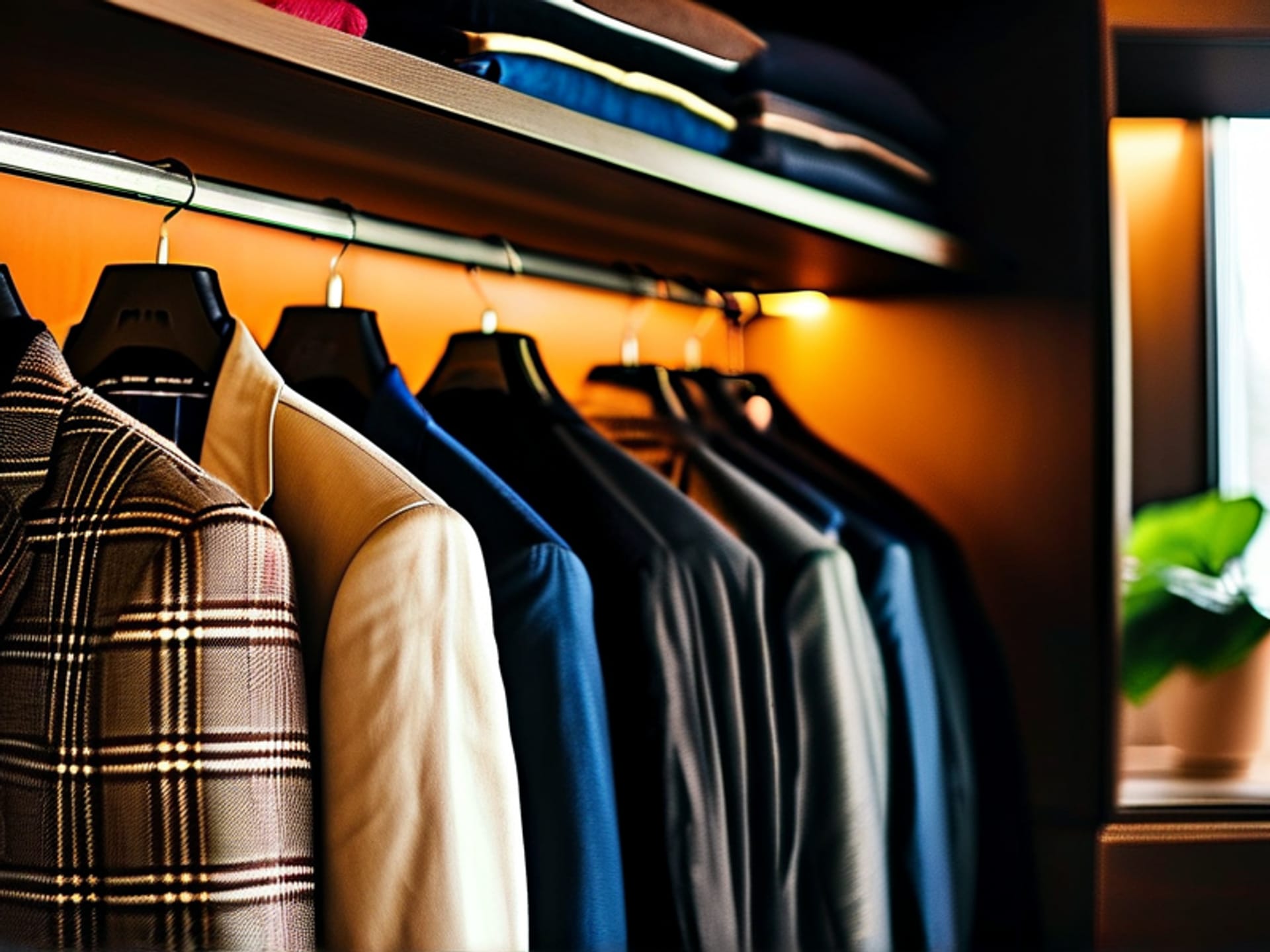 A busy professional's morning routine. A well-lit, beautifully organized wardrobe section. An automated closet rack, loaded with suits and blouses, smoothly rotates at the touch of a finger. A well-dressed person with a coffee mug smiles, effortlessly selecting an outfit. Clean lines, high-end materials, cinematic shallow depth of field, lifestyle photography at golden hour.