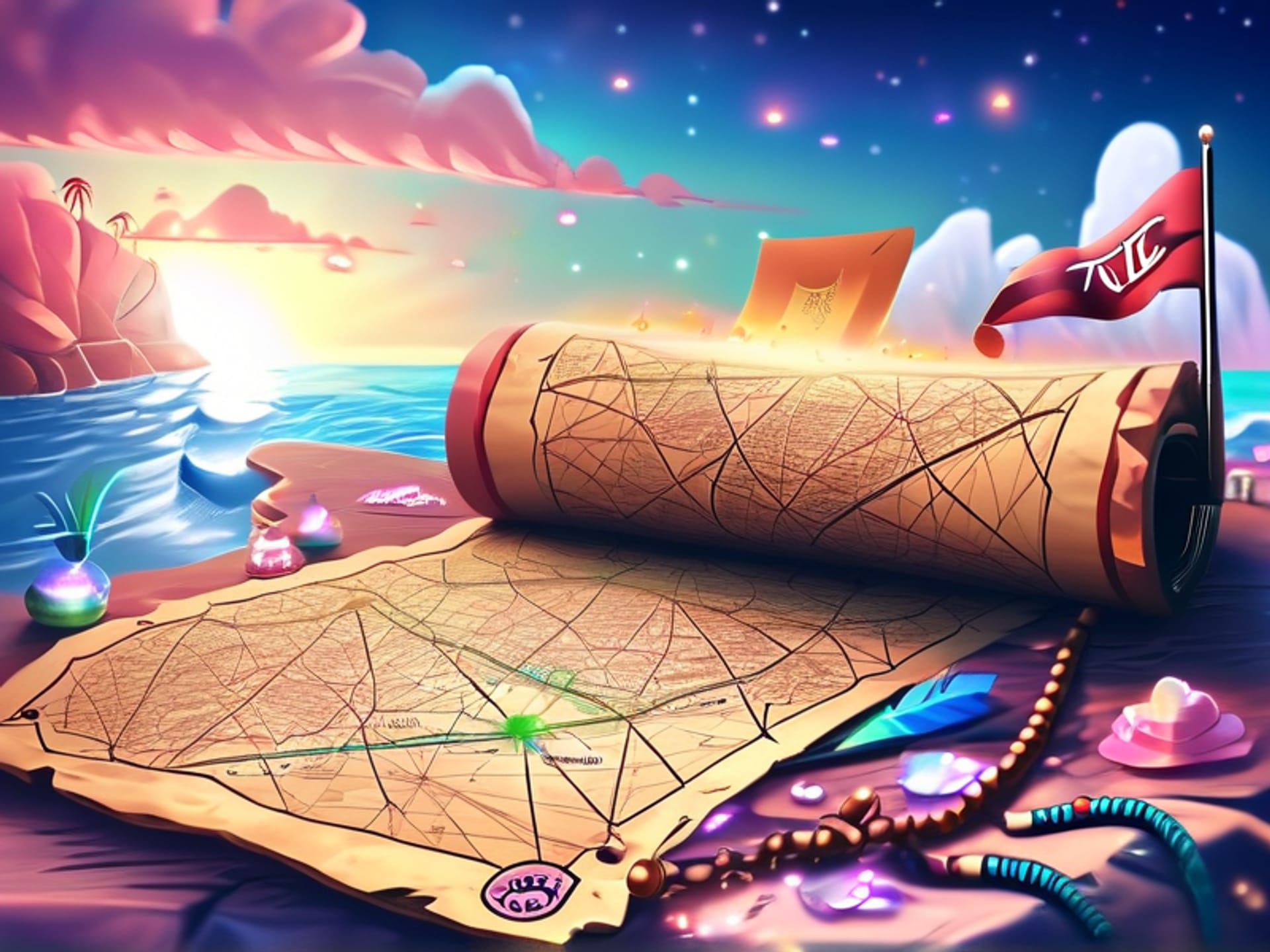 AI Image Prompt: A treasure map with TikTok logos and trending symbols on it, leading to a 'For You Page' flag, digital art, vibrant, illustrative style, overhead view