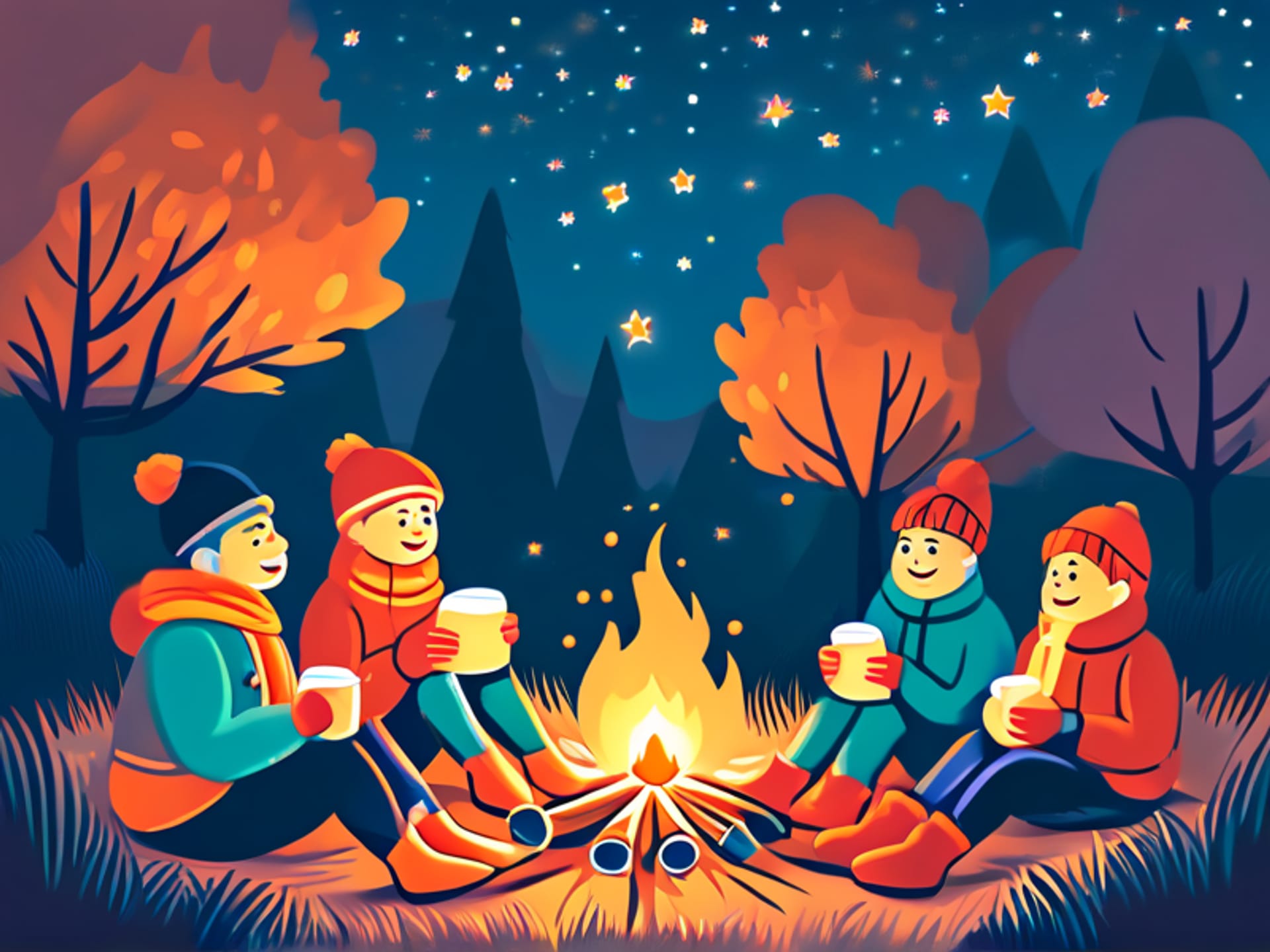 illustrated, cozy digital campfire scene, diverse avatars sitting in a circle, some holding conversation bubbles, warm glowing light, friendly cartoon style, night sky with stars