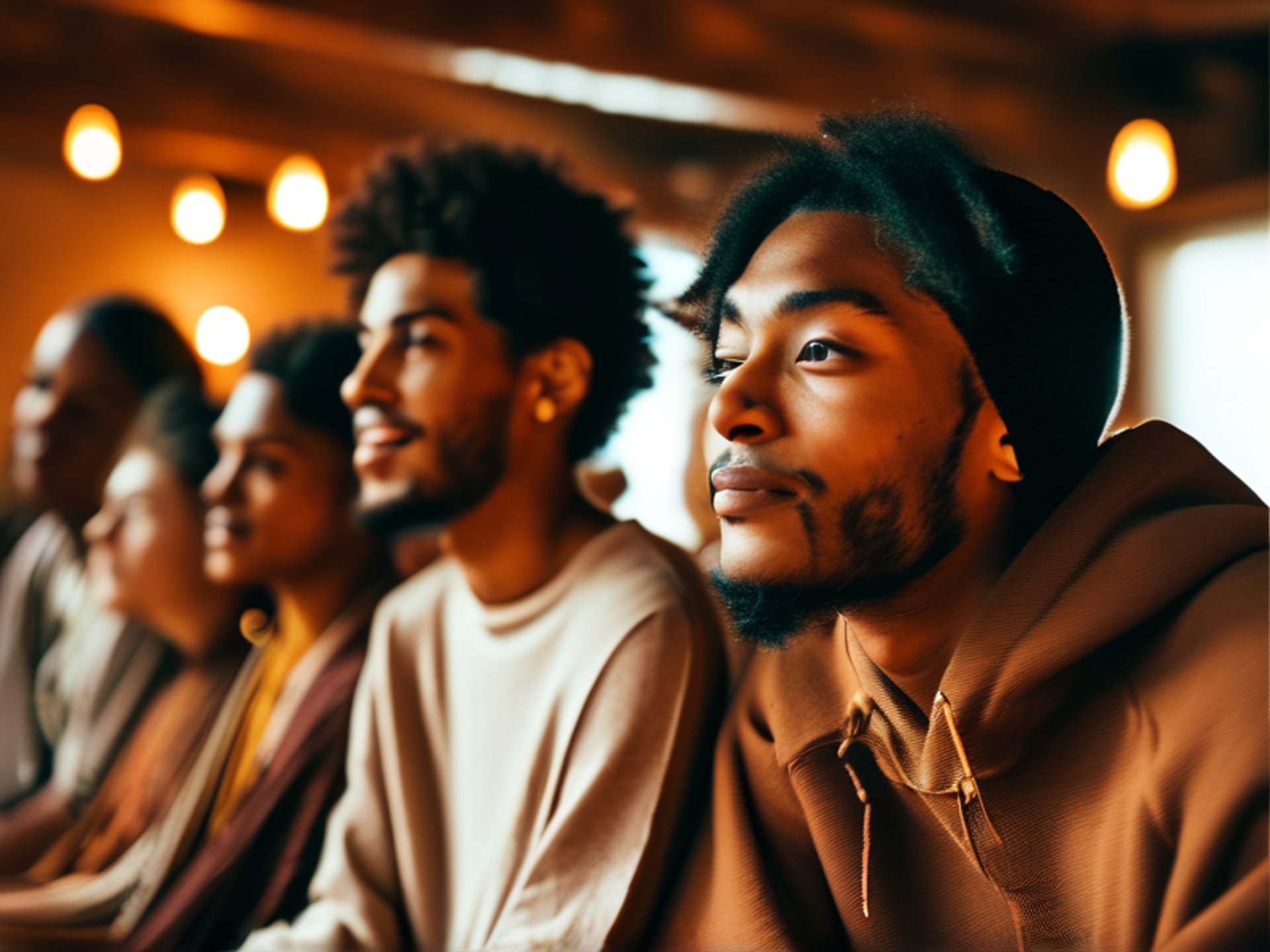 Stable Diffusion prompt: An intimate scene of a diverse group of people in a simple, modern spiritual space, leaning in slightly as a speaker gestures openly. The focus is on genuine, engaged facial expressions. Soft, ambient lighting. Cinematic, documentary style.