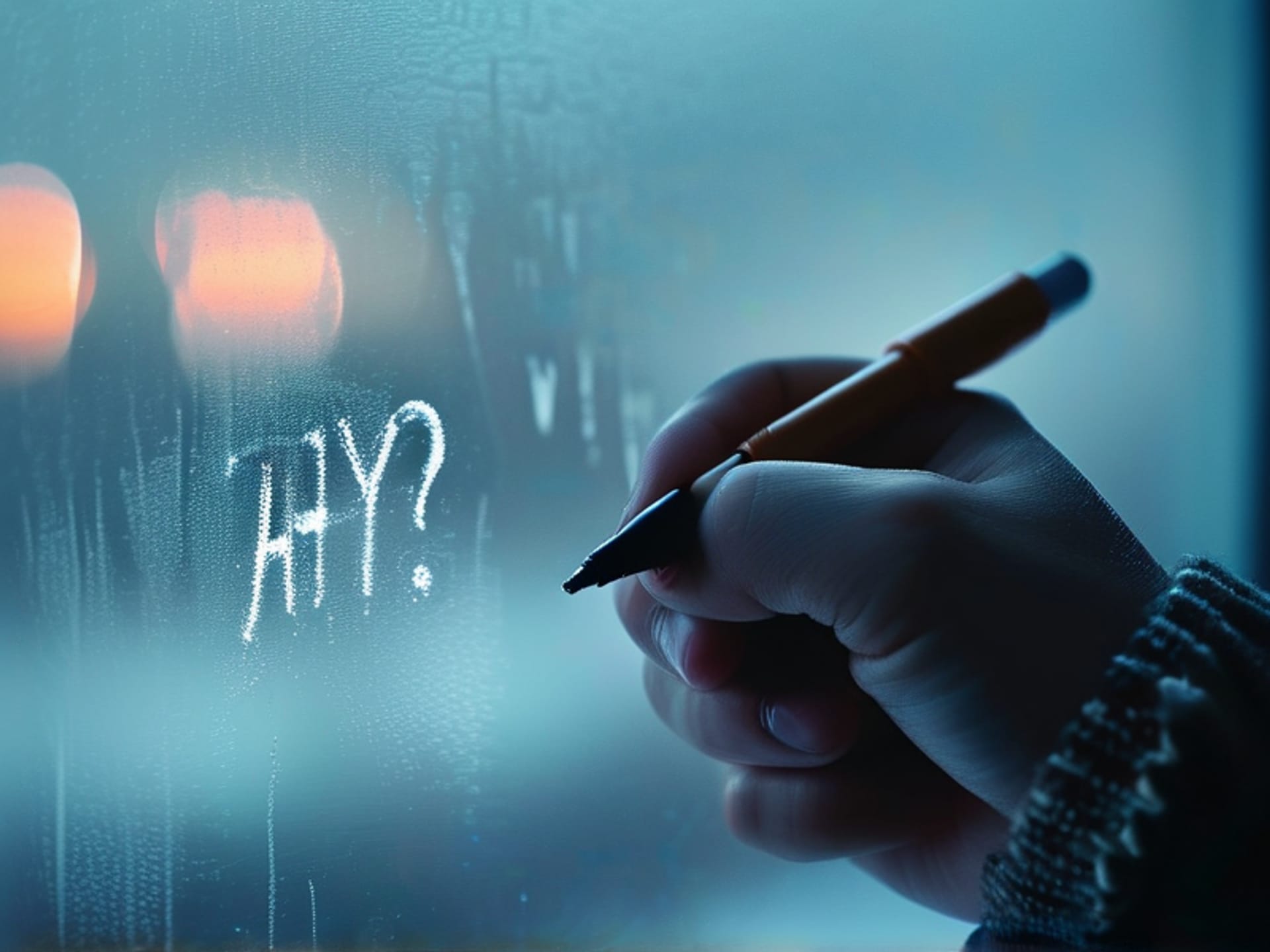 close-up of a person's hands writing 'WHY?' in bold letters on a foggy window, looking thoughtful, shallow depth of field, moody atmosphere, --ar 16:9