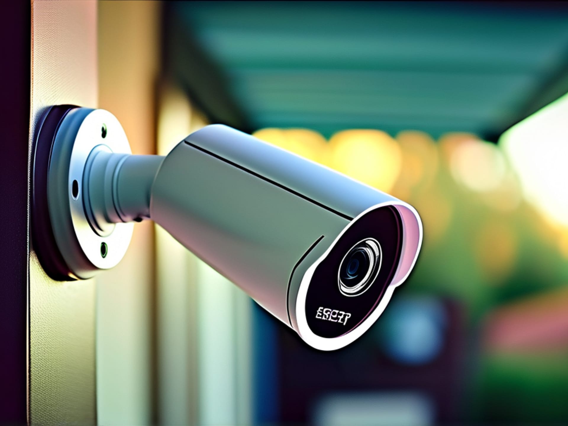 PHOTOGRAPHIC. Close-up of a modern, white smart security camera mounted under a porch eave. From its lens, a double exposure effect shows a transparent overlay of a rolling digital timeline, like a video editor's screen, filled with countless tiny thumbnail images of daily life: a mail carrier, a delivery person, the homeowner gardening. The image feels both technological and personal. Soft focus on the background. --ar 16:9 --v 6.0