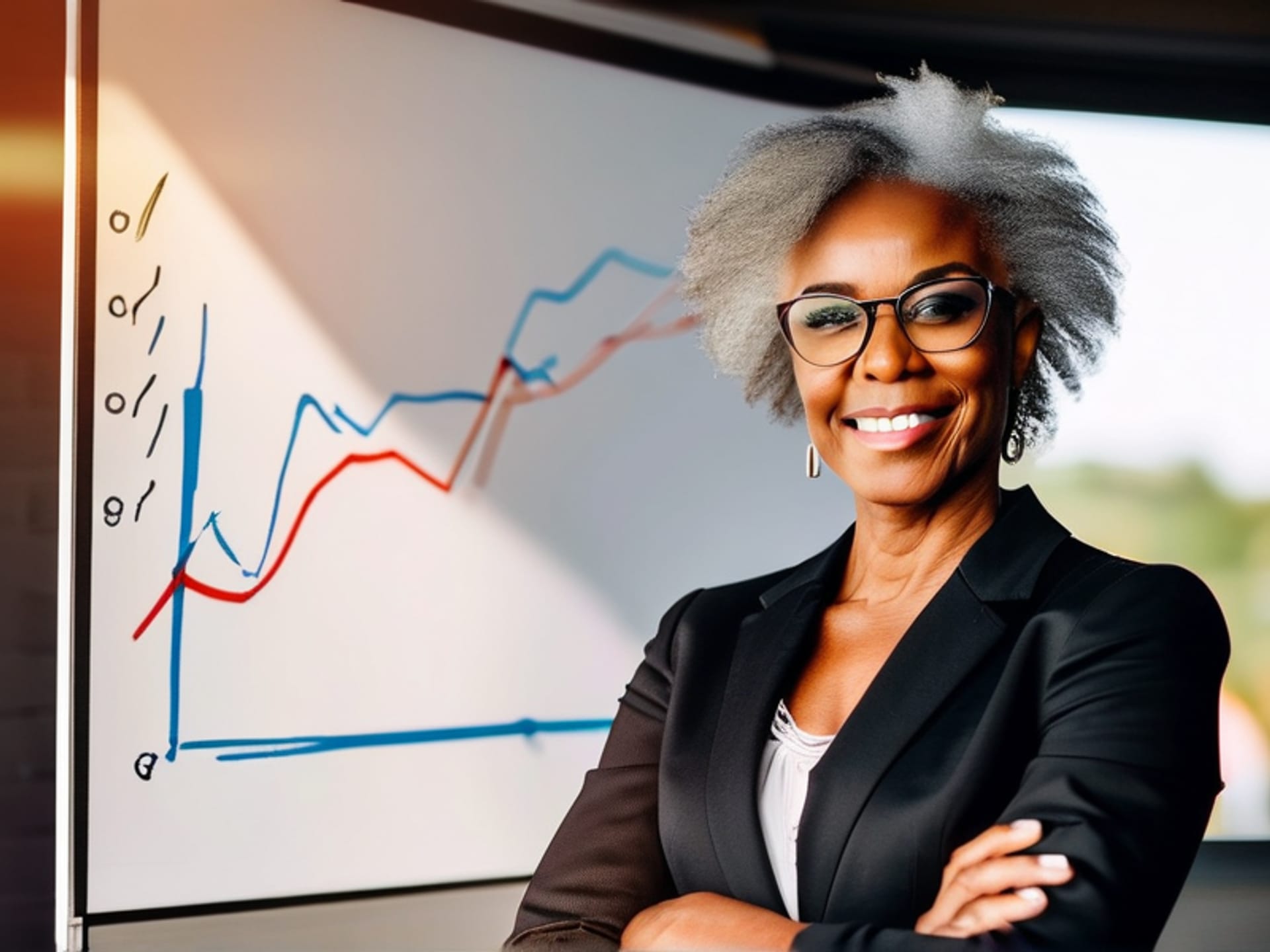 Confident older African American executive woman in a dark blazer. She is standing beside a whiteboard with a simple graph. Her arms are slightly crossed, she is smiling knowingly, and a slight pause hangs in the air as she makes eye contact with one person just off-camera. Intimate, shallow depth of field, warm ambient office lighting, natural, candid style.--ar 16:9
