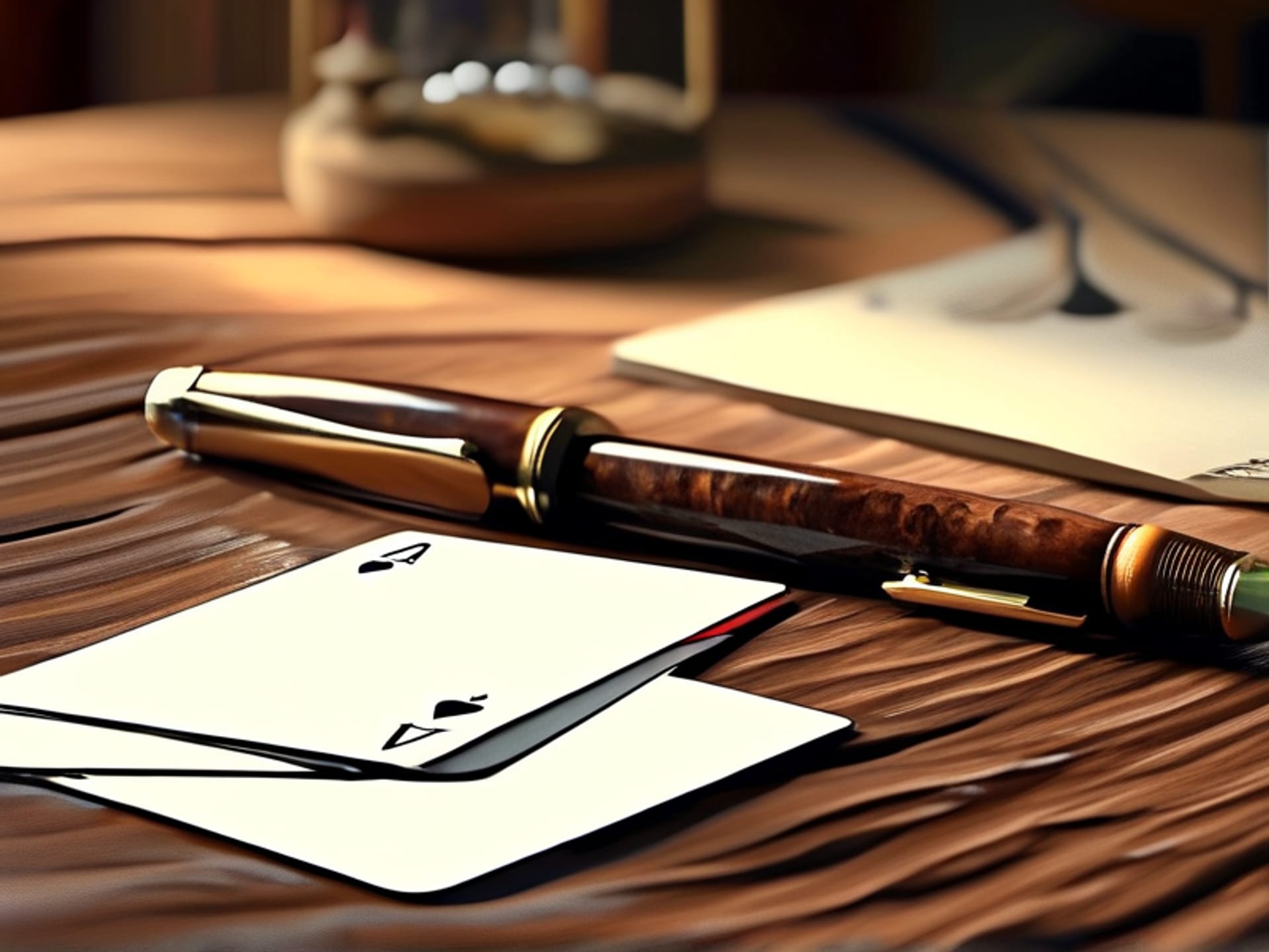 Midjourney prompt: A well-worn set of medium-sized white cue cards fanned out in a pair of steady hands. Soft light. A minimalist notebook and pen on a wooden desk in the background. Cozy, aspirational photo. --ar 16:9