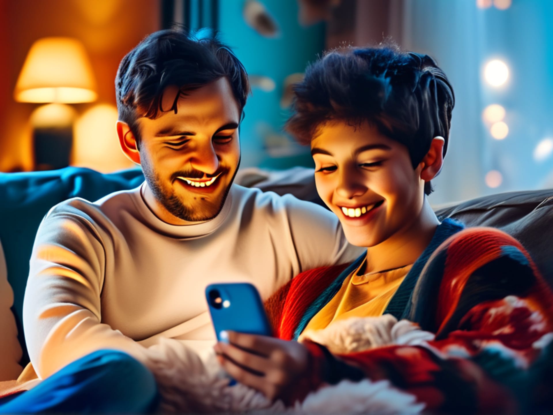 Midjourney/Stable Diffusion prompt: A relaxed parent, sitting on a couch smiling faintly, looks at their smartphone. On the screen, a notification says 'Reminder sent to Alex: Take out recycling.' In the background, a teenager rolls their eyes good-naturedly while grabbing a blue bin. Lively, candid family moment, soft interior lighting, photorealistic style.