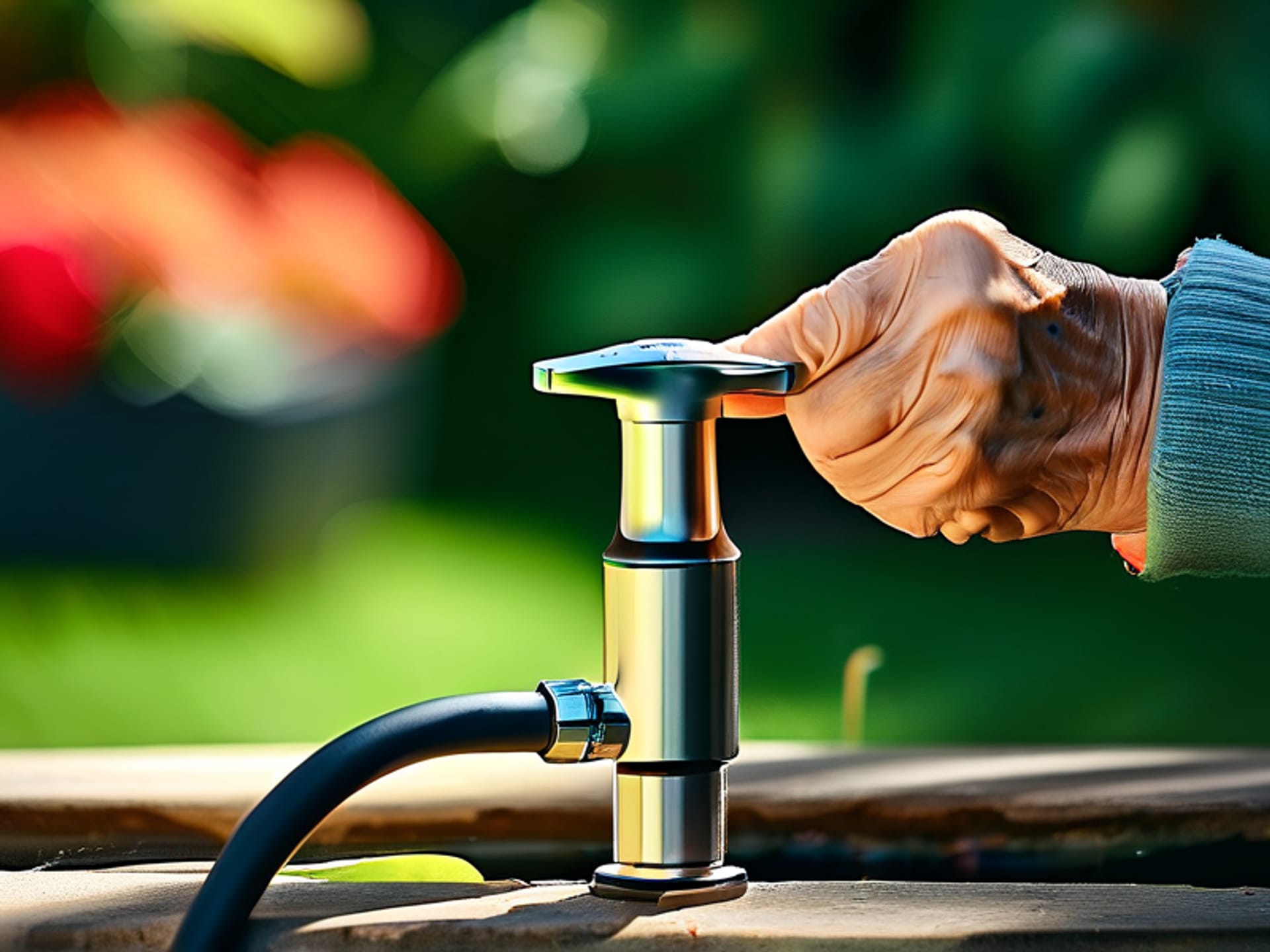 Midjourney prompt: Close-up, detail shot of a senior's hands gently adjusting a sleek, digital irrigation timer on a smart faucet spigot. The device has a simple green status light. Garden hose in the background. Sharp focus, daytime, clean and modern aesthetic. Style: product photography, shallow depth of field. --ar 4:5 --v 6.0