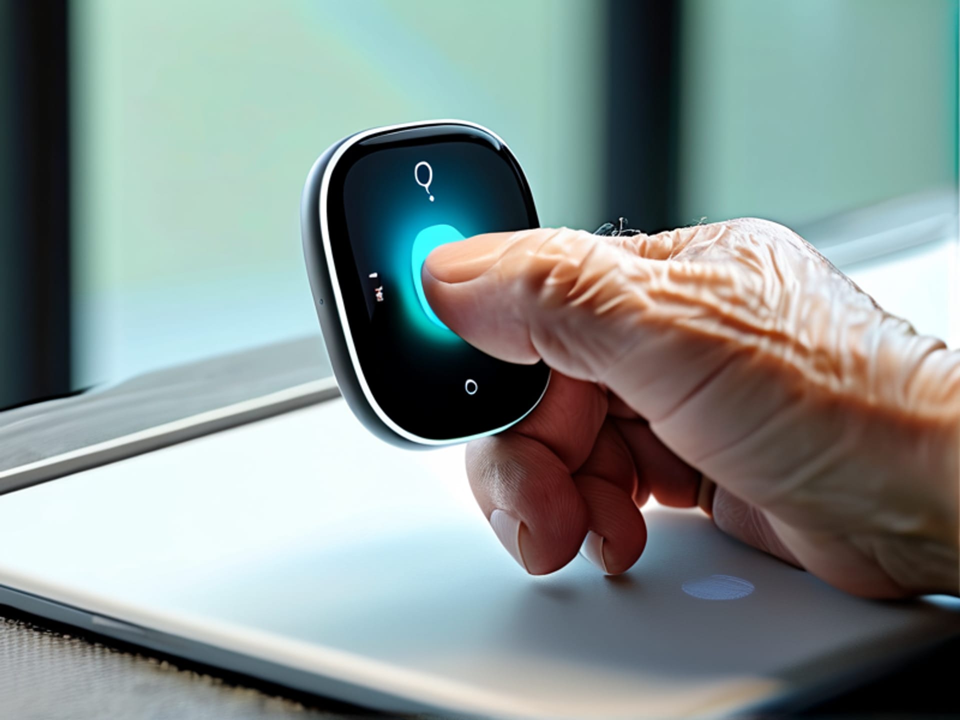 Midjourney Prompt: A close-up of a gentle, elderly hand pressing a single, large-button smart home device. A simple, clean interface on a tablet in the background shows 
