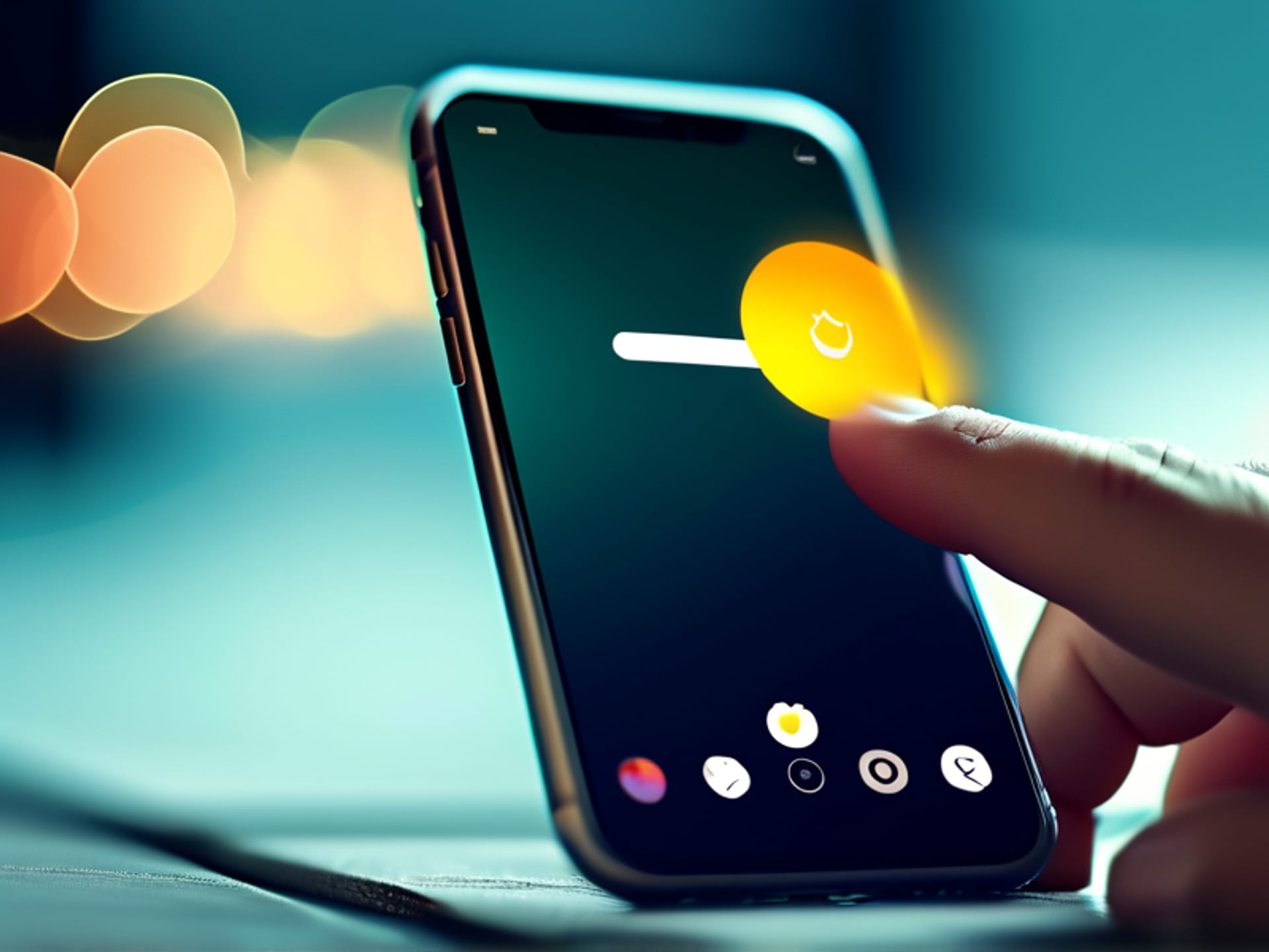 A close-up of a finger about to tap a smartphone screen. The screen shows a minimalist app interface with one large, friendly button labeled 'Good Morning'. The background is softly blurred, focus is on the action. Clean, modern, tech aesthetic.