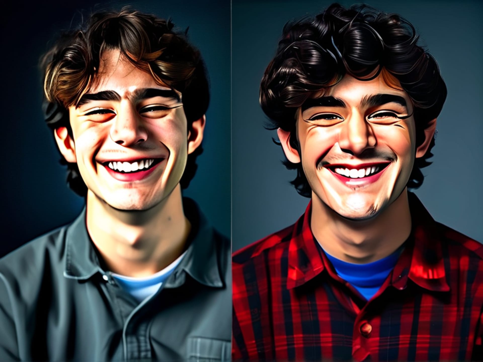 Midjourney prompt: Side-by-side portrait comparison. Left: A forced, polite smile with just the mouth, eyes neutral. Right: A full, crinkly-eyed 'Duchenne' smile. Both on the same person, highly detailed, studio photography, clean background, illustrating subtle muscle tension differences. --ar 16:9 --style raw