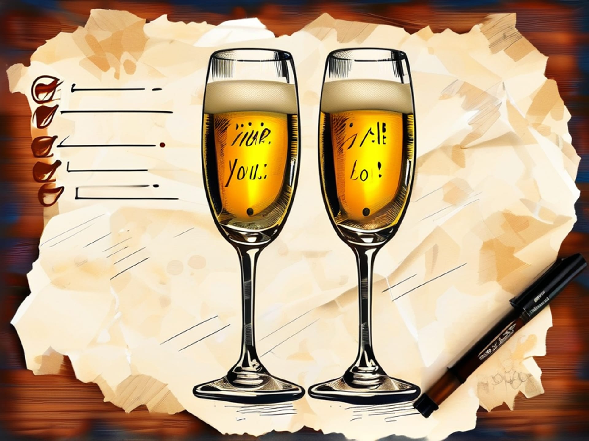 Prompt: A dynamic hand-drawn infographic on crumpled paper. Three simple, charming icons represent the speech structure: 1. A laughing face for 'Your Connection', 2. Two interlocking hearts for 'Their Love', 3. A clinking champagne glass for 'The Toast'. Marker and coffee ring stains visible. Style: analog and personal.