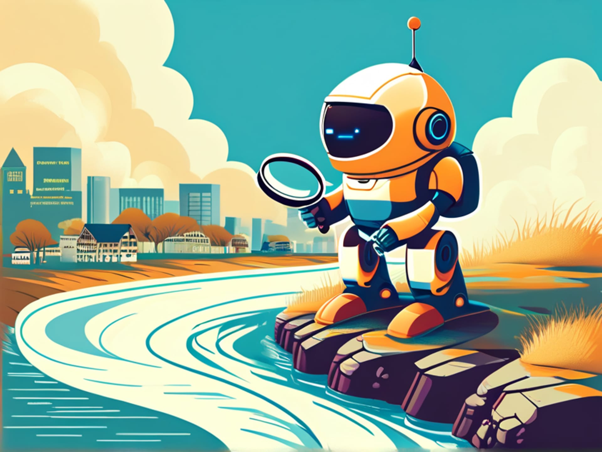 A friendly, simplified illustration of a robot holding a magnifying glass over a flowing stream of social media icons. The style is modern, flat design with a warm, inviting color palette. Bright and approachable --ar 16:9
