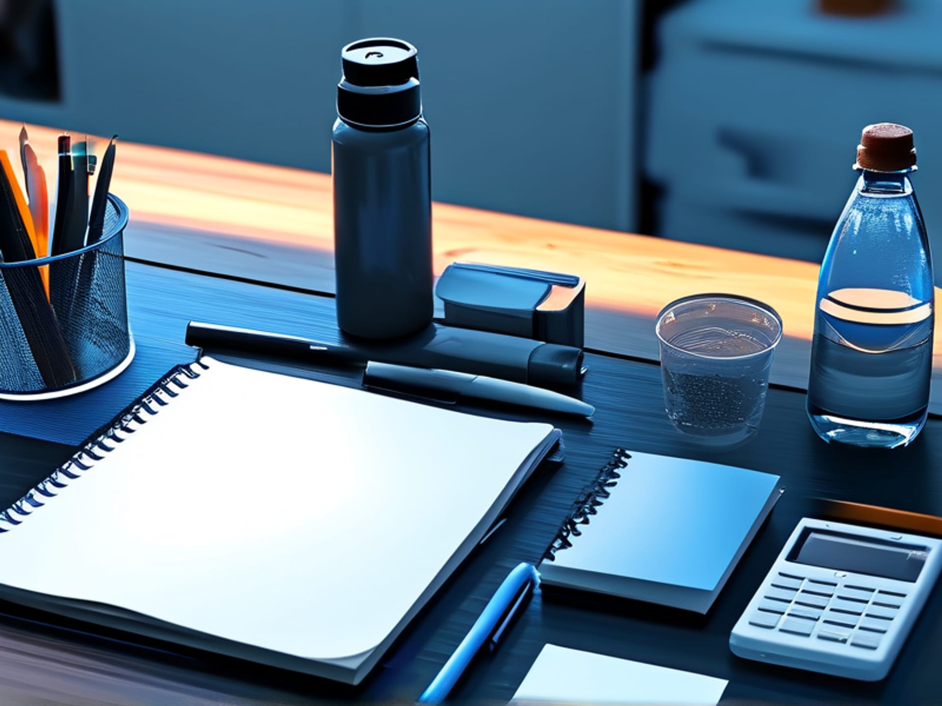 AI Image Prompt: [Digital art, isometric view] A neat, organized desk from a top-down perspective. A printed speech rests in the center, next to index cards with small doodles. Pens, a water bottle, and a laptop are perfectly aligned. Clean, minimalist aesthetic, calming blue and grey tones. --ar 16:9