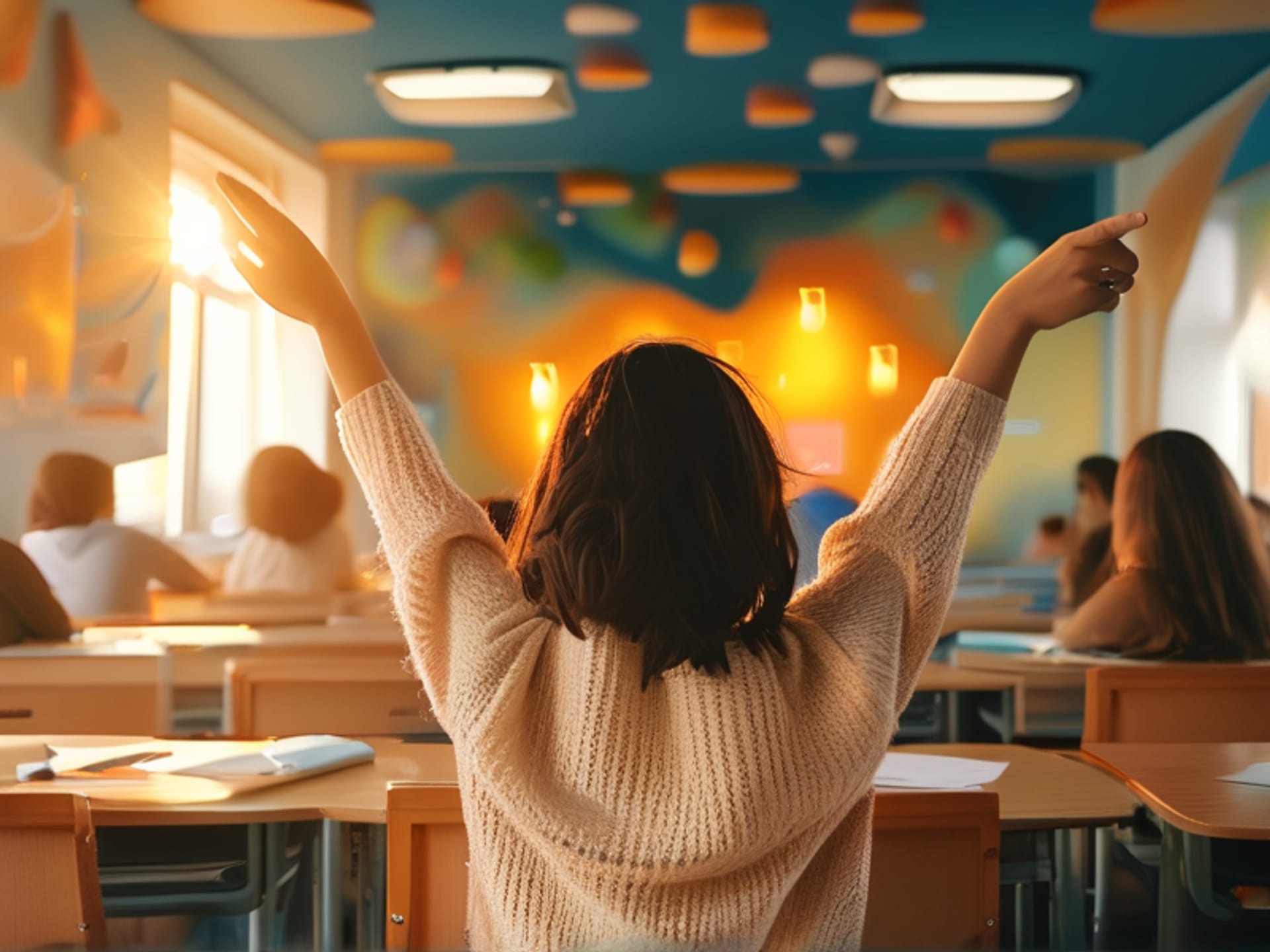 Midjourney prompt: A student hesitantly raising their hand in a brightly lit, modern classroom. The shot is from a low angle, making the gesture feel monumental. Other students are a soft-focus background. Warm, encouraging lighting, natural photorealism.