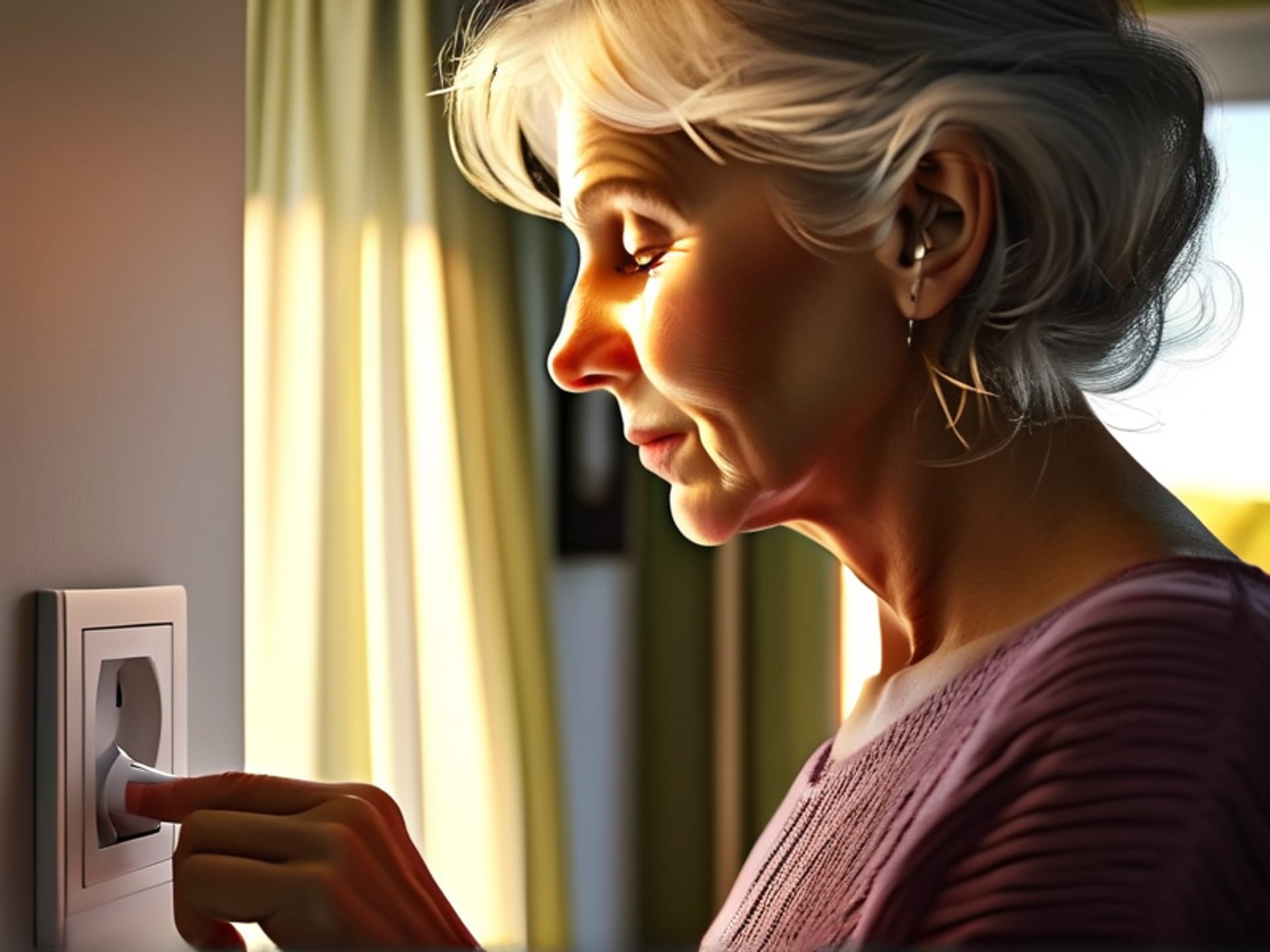 Close-up, side angle, of a senior woman's hand gently plugging a white smart plug into a wall outlet beside a floor lamp. Late afternoon sun beams through a nearby window, creating warm highlights on her skin and the plug. Cozy, inviting, practical. Photorealistic. --v 6.0 --style raw