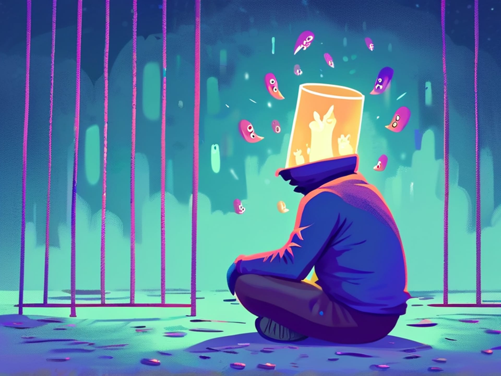 A person frozen on stage, with ghostly text swirling around their head like a cage | expressive illustration, anxiety, mental clutter, conceptual art --ar 16:9