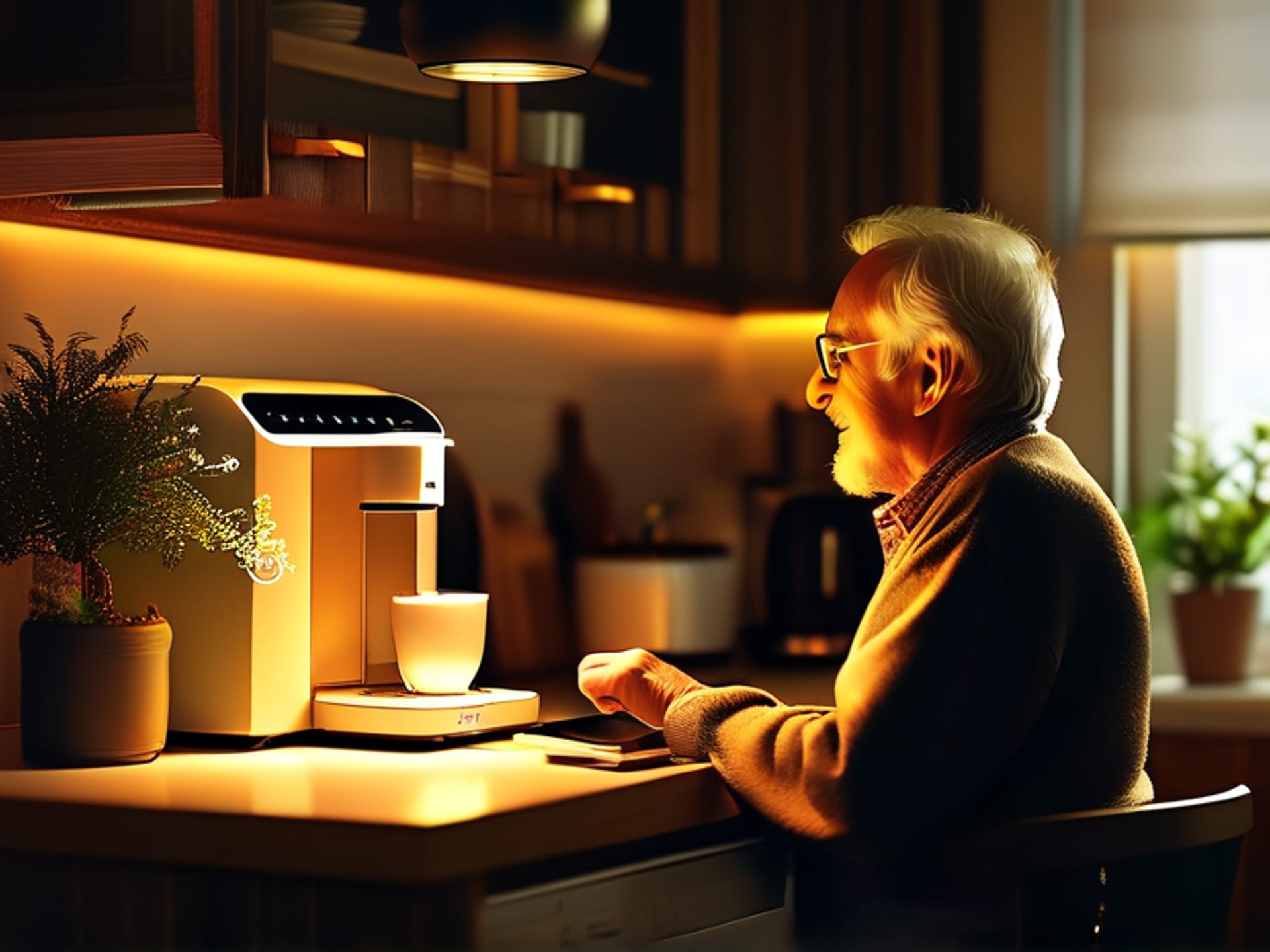 An intimate, overhead shot of an elderly man's hands successfully turning on a smart light and smart coffee maker via a single, simple voice command. The warm glow of the lamp and the coffee machine's light are the only sources of illumination in a cozy kitchen at dawn. Focus on the hands and the simple technology.