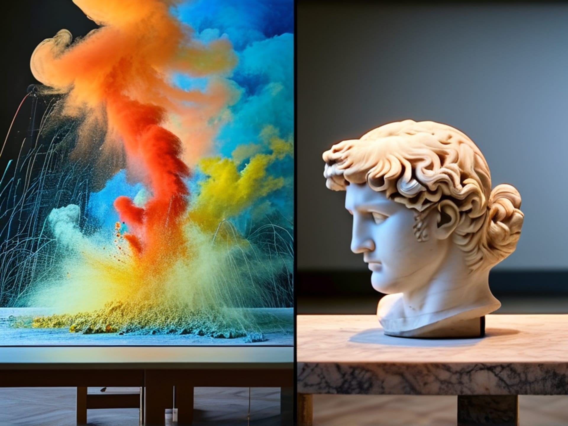 AI IMAGE PROMPT: Metaphorical split screen image. Left side: A chaotic, beautiful explosion of paints and raw clay on a table - messy, creative, potential. Right side: A pristine, impossibly perfect marble statue in a museum. Hyperrealistic, photorealistic. --ar 16:9 --style raw --v 6.0