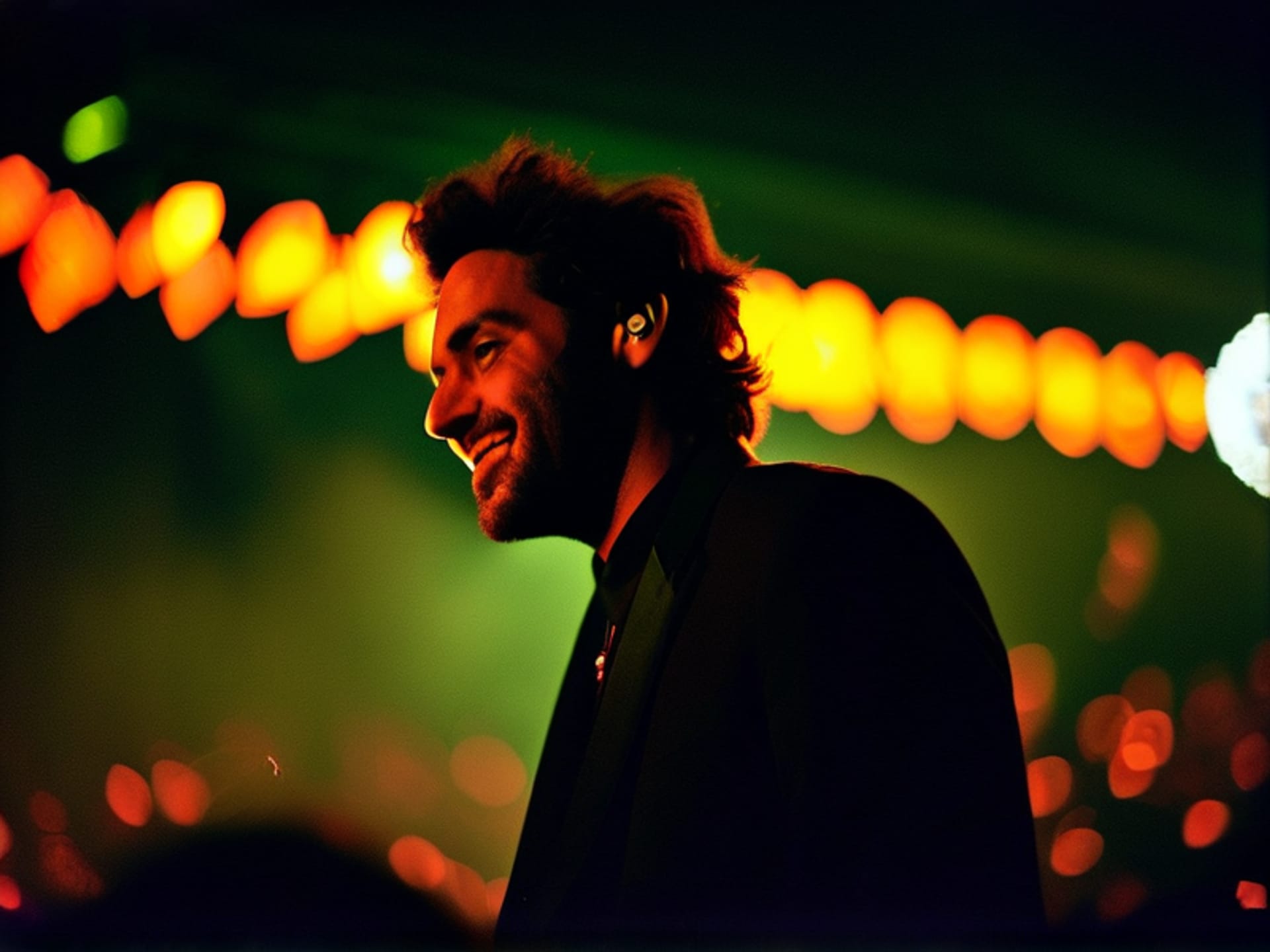cinematic shot of a speaker pausing, a slight acknowledging smile on their face as they look toward an off-camera interruption, stage lighting creating a dramatic silhouette, film grain, anamorphic lens flare