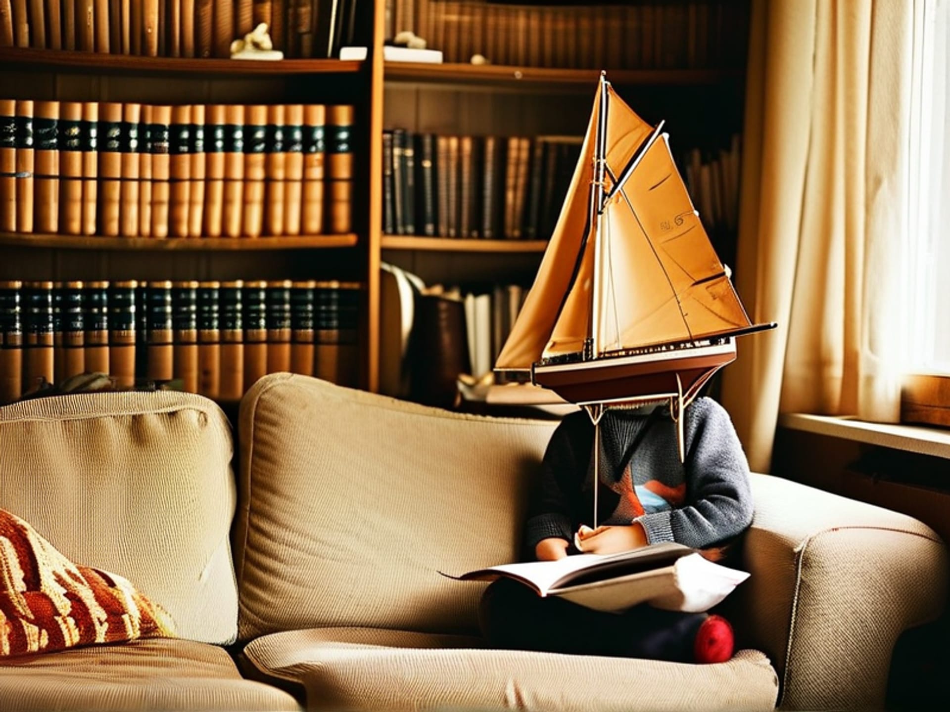A person stands casually in front of a small, relaxed group seated on sofas. They are holding up a detailed, handcrafted model ship as the group looks on with genuine curiosity. The room is a cozy living room with bookshelves in the background. Warm, inviting light. Photorealistic, captured in a candid moment of sharing, showing a natural smile.