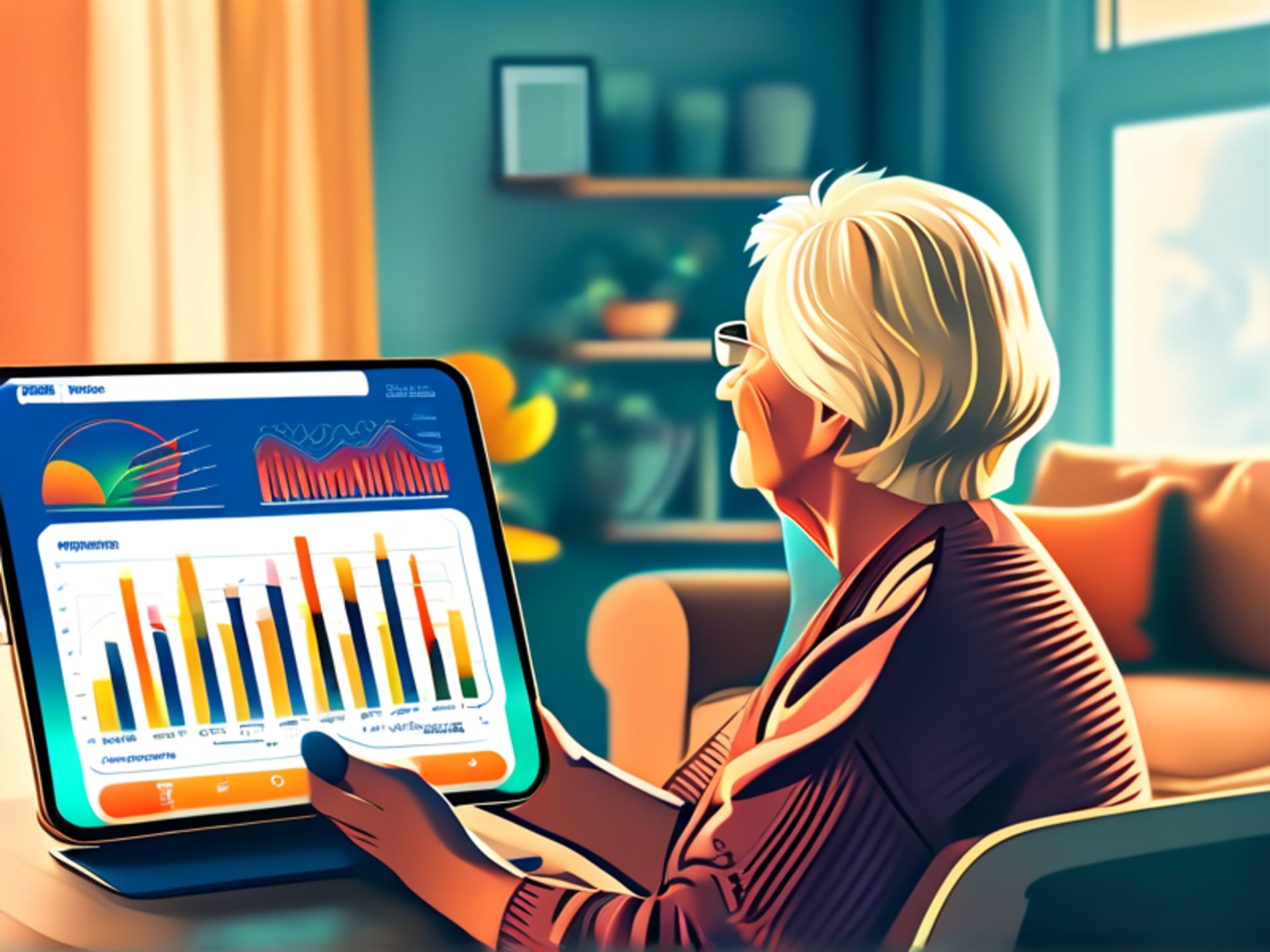 A bright, clean digital dashboard interface on a tablet, showing colorful charts for Weight Trend, Body Fat %, Muscle Mass, and Hydration. Gentle hands of an older adult holding the tablet, cozy living room setting, morning light, digital illustration, optimistic and clear aesthetic.