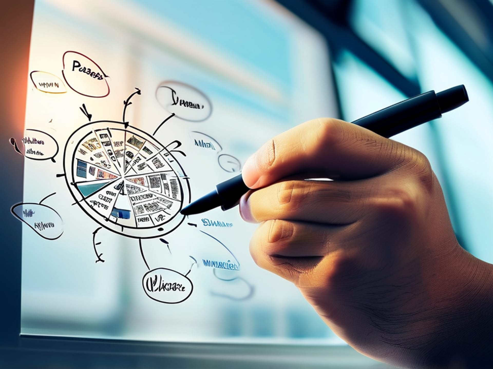 Photorealistic hand sketching a mind map with a marker on a clear glass whiteboard, showing keywords like 'Problem,' 'Solution,' 'Cost,' 'Timeline,' shallow depth of field, bright office --ar 16:9