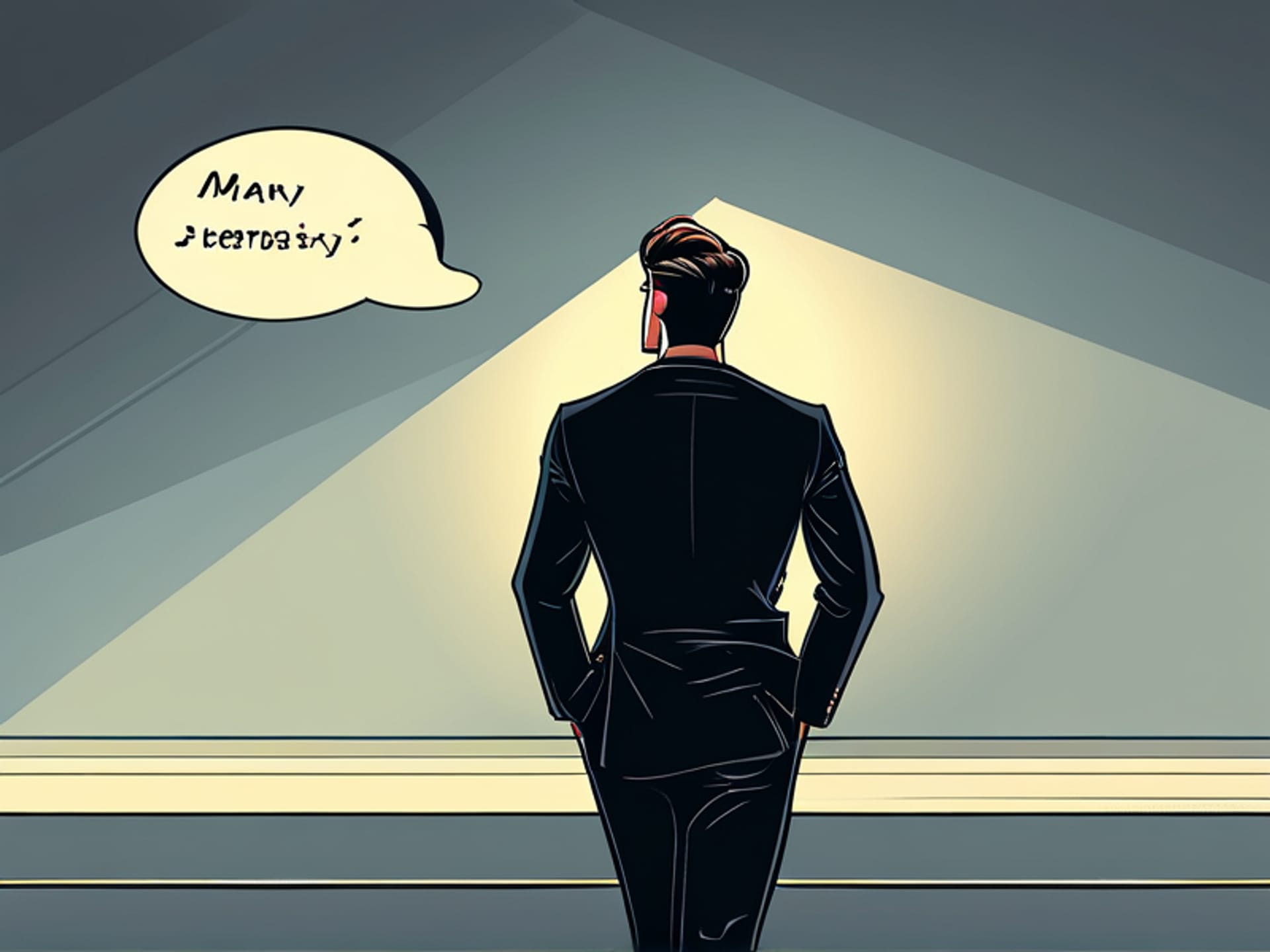 A dynamic illustration of a man in a sharp suit on a stark stage. He has elegantly turned his back to the audience, looking over his shoulder as he walks. A thought bubble shows a single, clear keyword from his speech notes. Moody cinematic lighting.