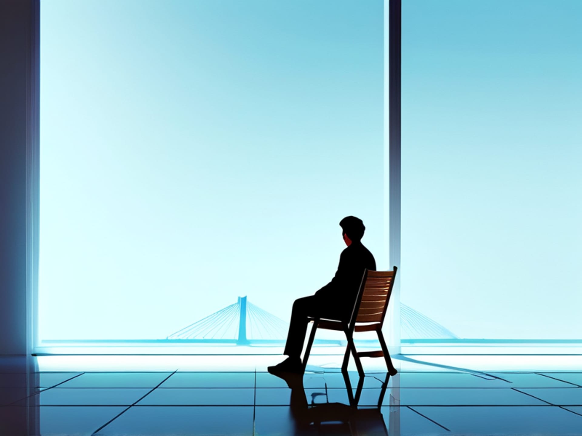 Digital art, minimalist scene of a person sitting on a simple wooden chair in an empty white room, a single, intricate glowing blueprint of a bridge hovers in front of them, matte painting style --ar 16:9