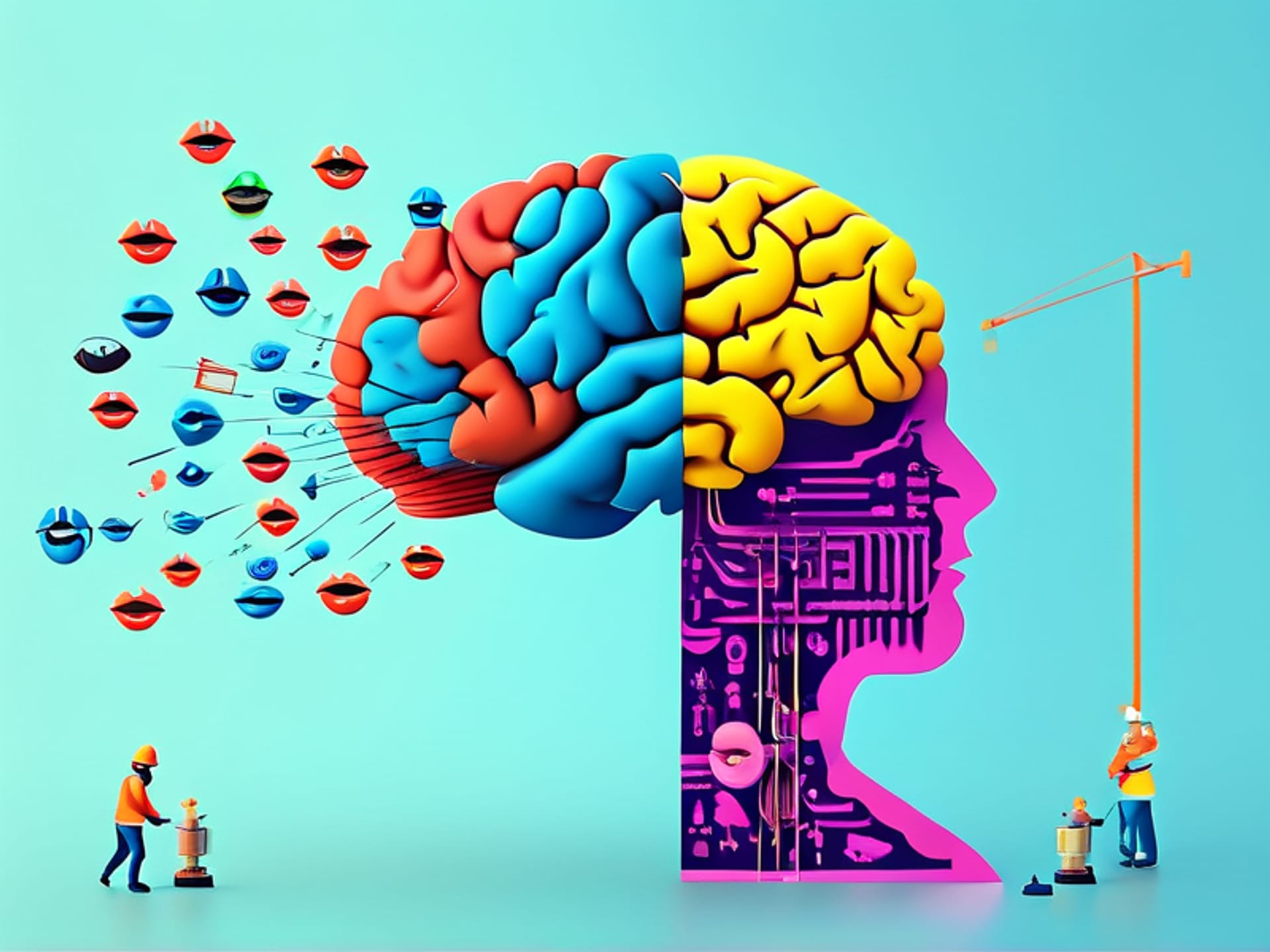 A minimalist, colorful 3D render of a person's brain. One side is a chaotic mess of scribbled insults like 'FAILURE' and 'BORING' coming from tiny mouths. The other side is being re-assembled by small construction workers into a sleek, glowing structure. Concept art style, symbolic, hopeful.