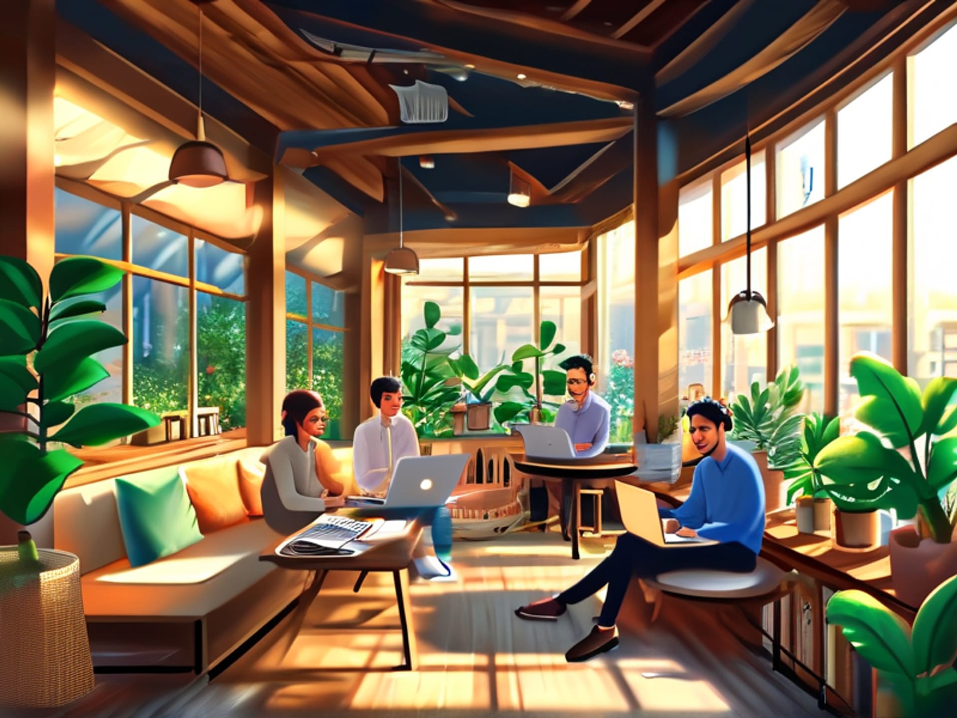 Midjourney prompt: Cinematic wide shot, modern co-working space that feels like a cozy pub, diverse professionals (30s-50s) laughing, exchanging ideas, some on laptops. Natural morning light streaming through large windows, plants, warm wood tones. Shot on RED camera, shallow depth of field, professional, welcoming mood --ar 16:9