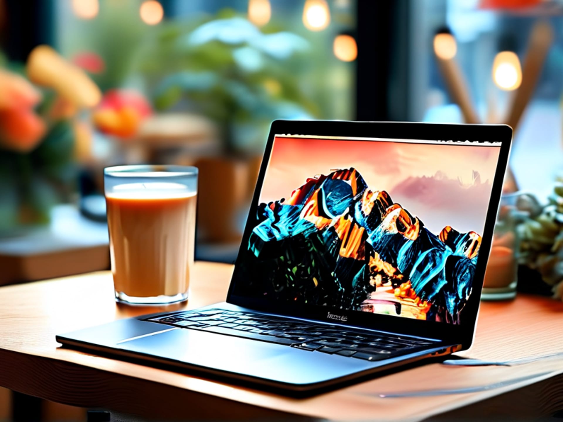 Midjourney/Stable Diffusion Prompt: A modern laptop screen showcasing a sleek grid of diverse, high-end stock photos from travel to tech. Soft, natural light in a trendy coffee shop setting, modern minimalist aesthetic.