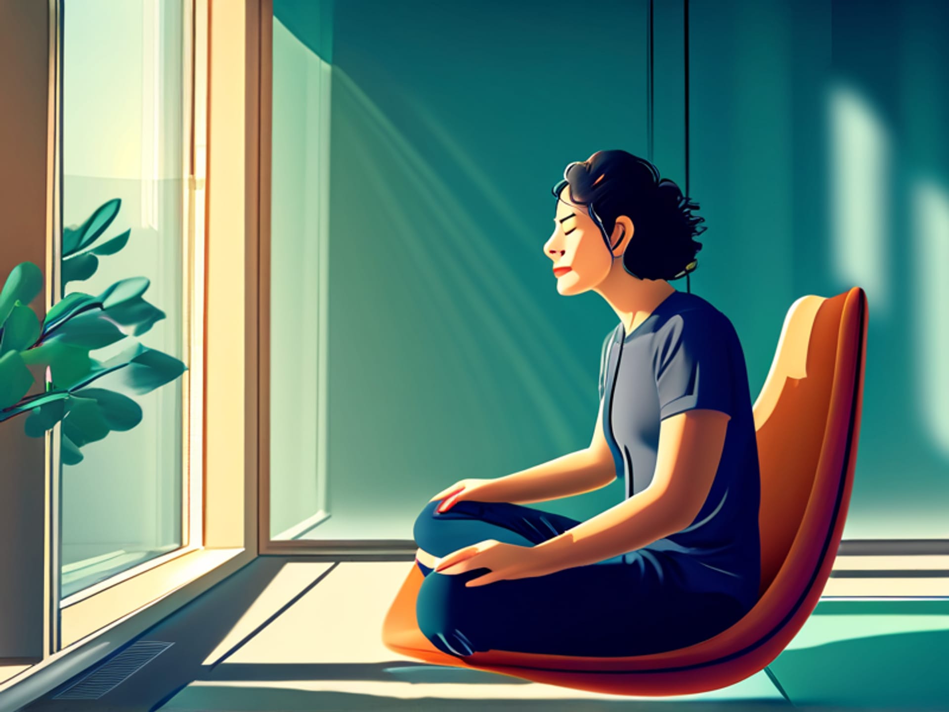 Midjourney prompt: A calm, modern person meditating comfortably on a chair in their office, morning light streaming in, peaceful expression, minimalistic environment, photorealistic detail